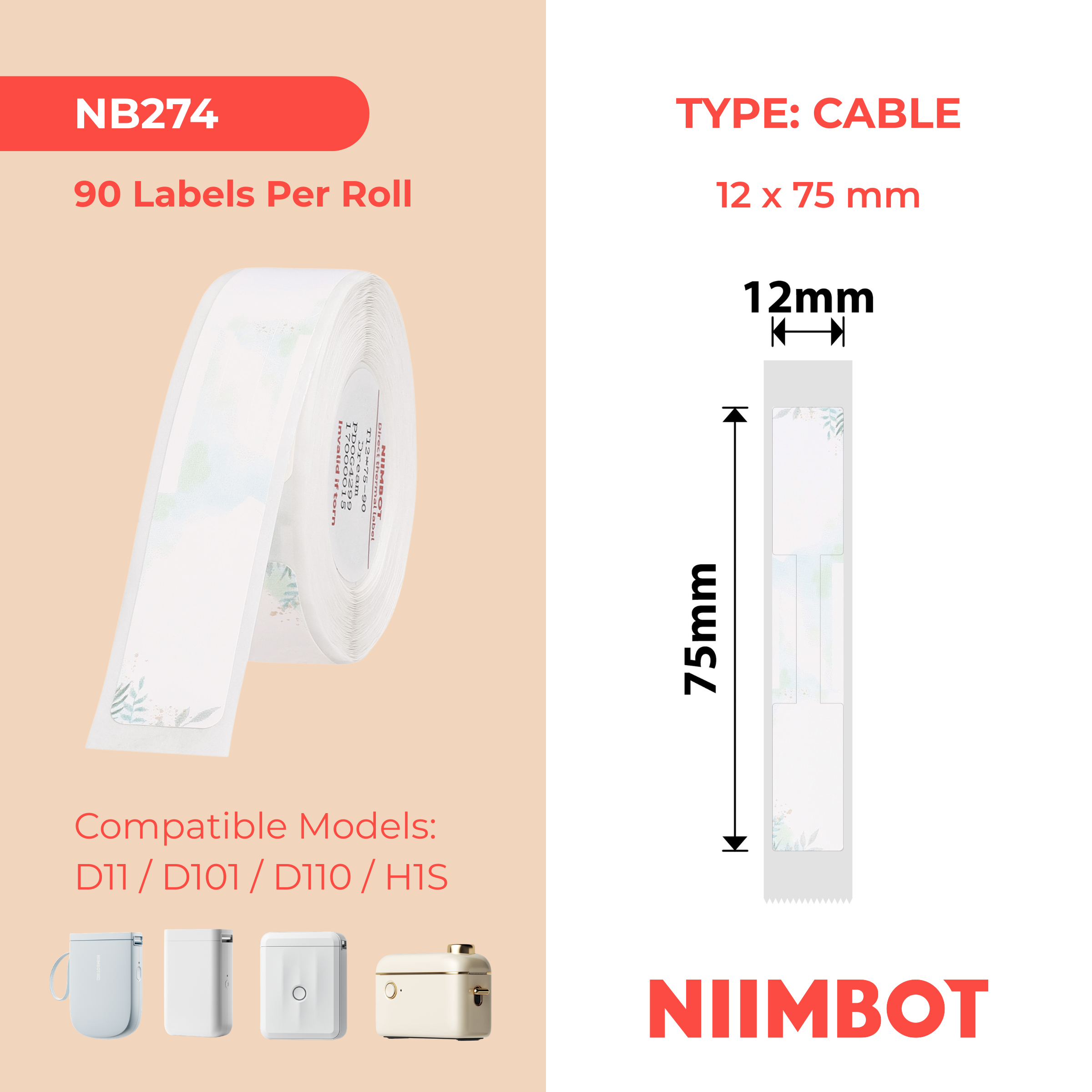 NB274 - NIIMBOT - D11 / D101 / D110 / H1S - 12X75MM - 90 DREAM CABLE LABELS