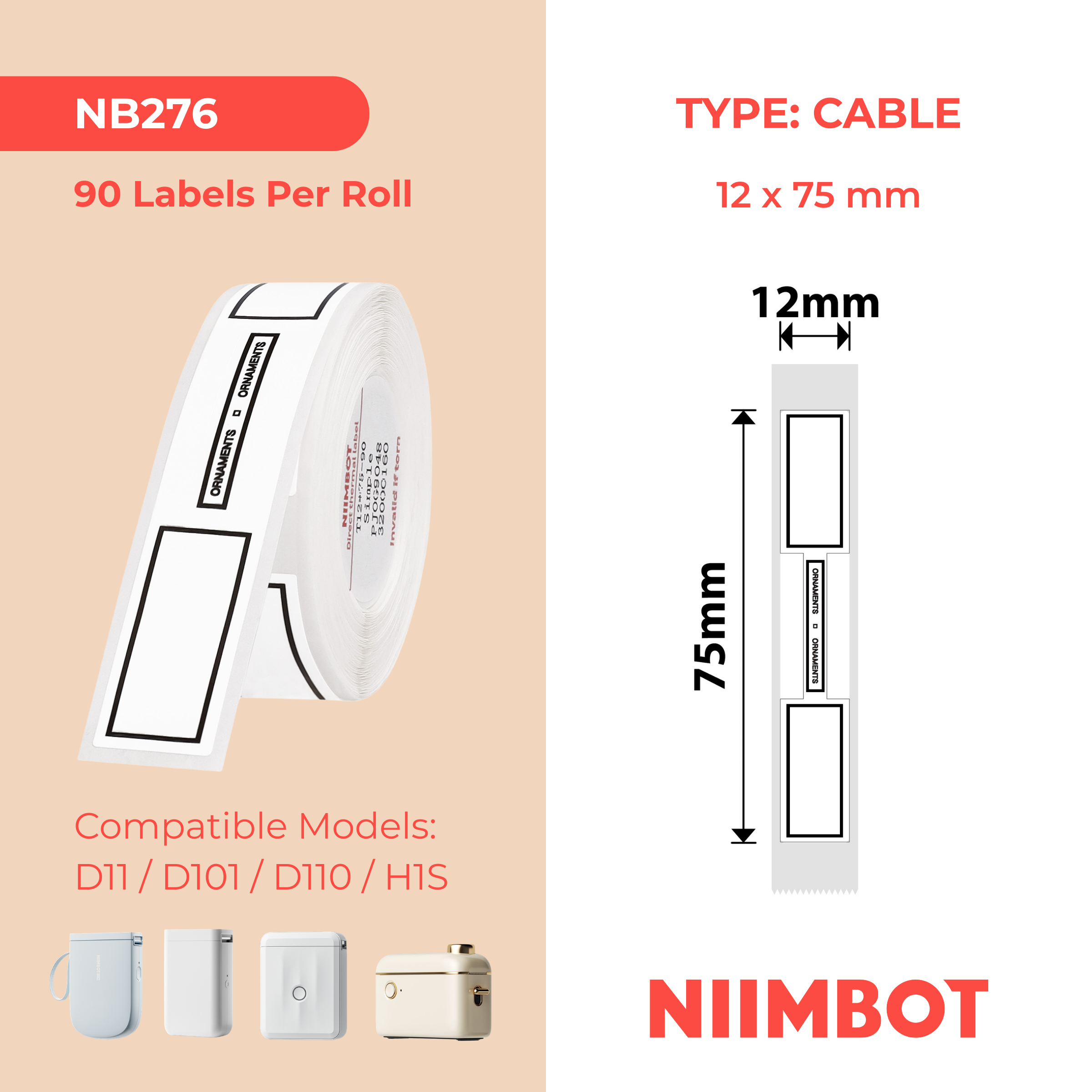 NB276 - NIIMBOT - D11 / D101 / D110 / H1S - 12X75MM - 90 SIMPLE CABLE LABELS