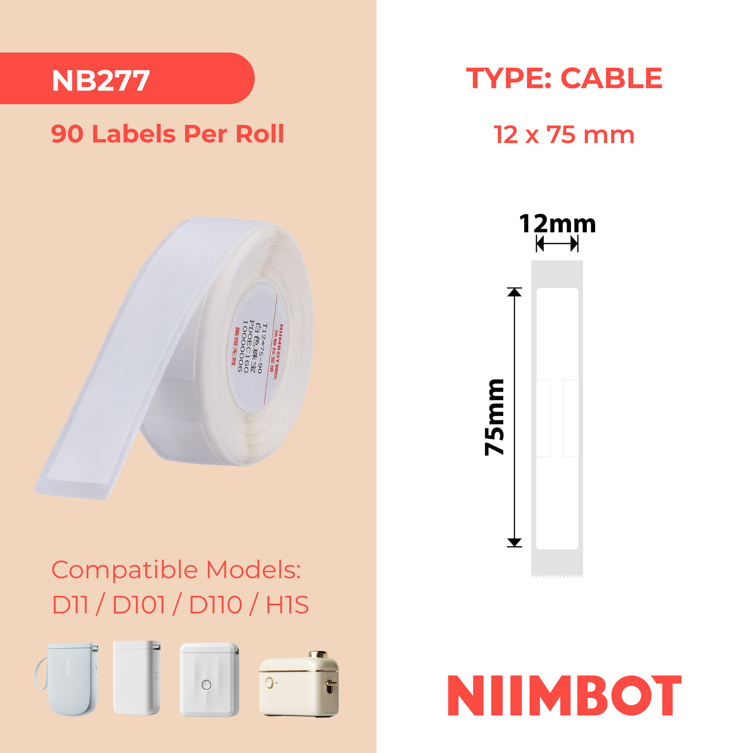 NB277 - NIIMBOT - D11 / D101 / D110 / H1S - 12X75MM - 90 WHITE JEWELLERY LABELS