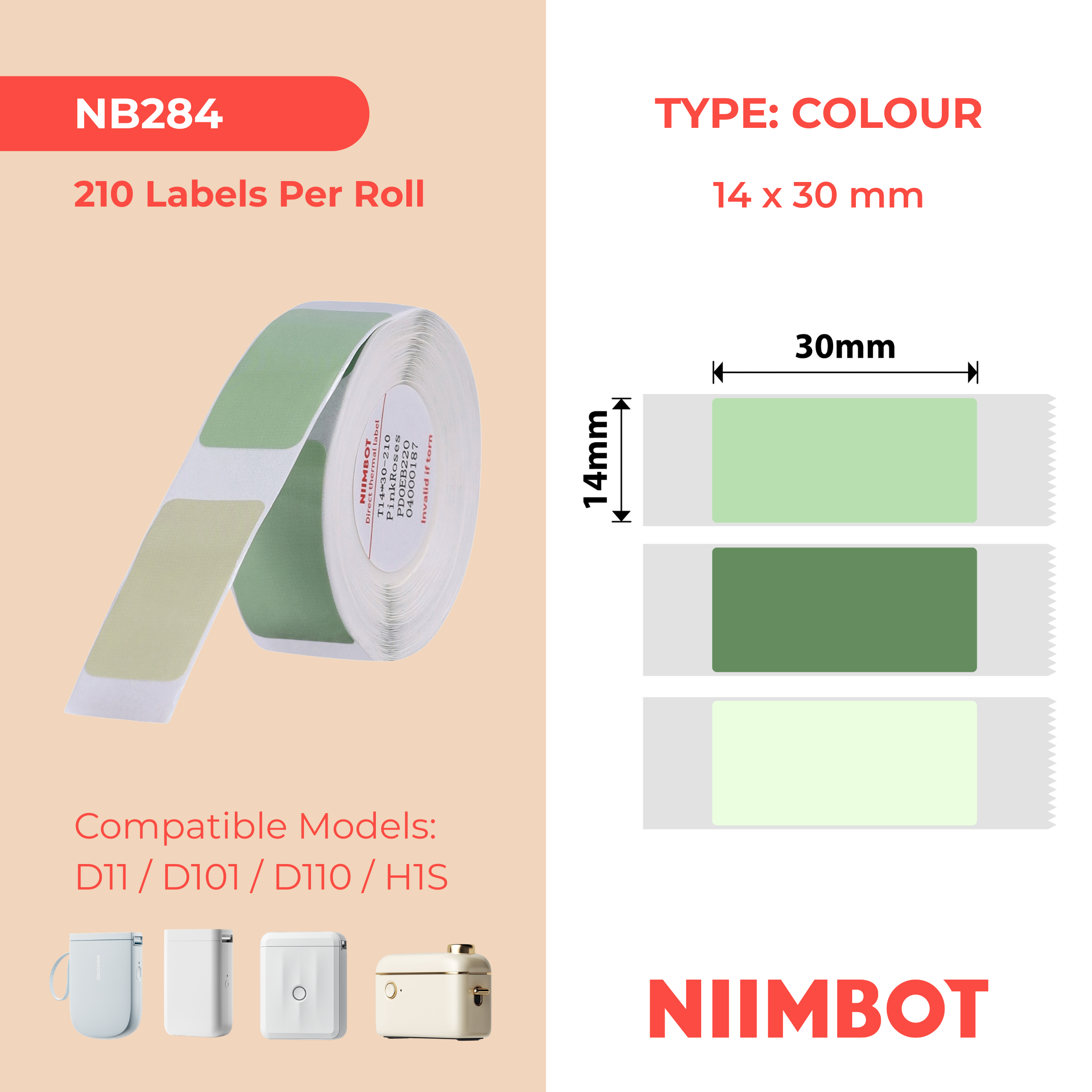 NB284 - NIIMBOT - D11 / D101 / D110 / H1S - 14X30MM - 195 GREEN MIXED COLOURS LABELS