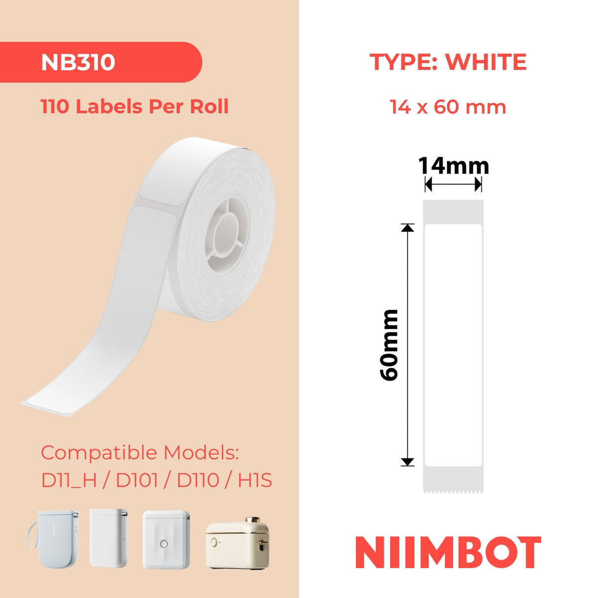 NIIMBOT - D Range - 14x60mm - White - 110 Labels