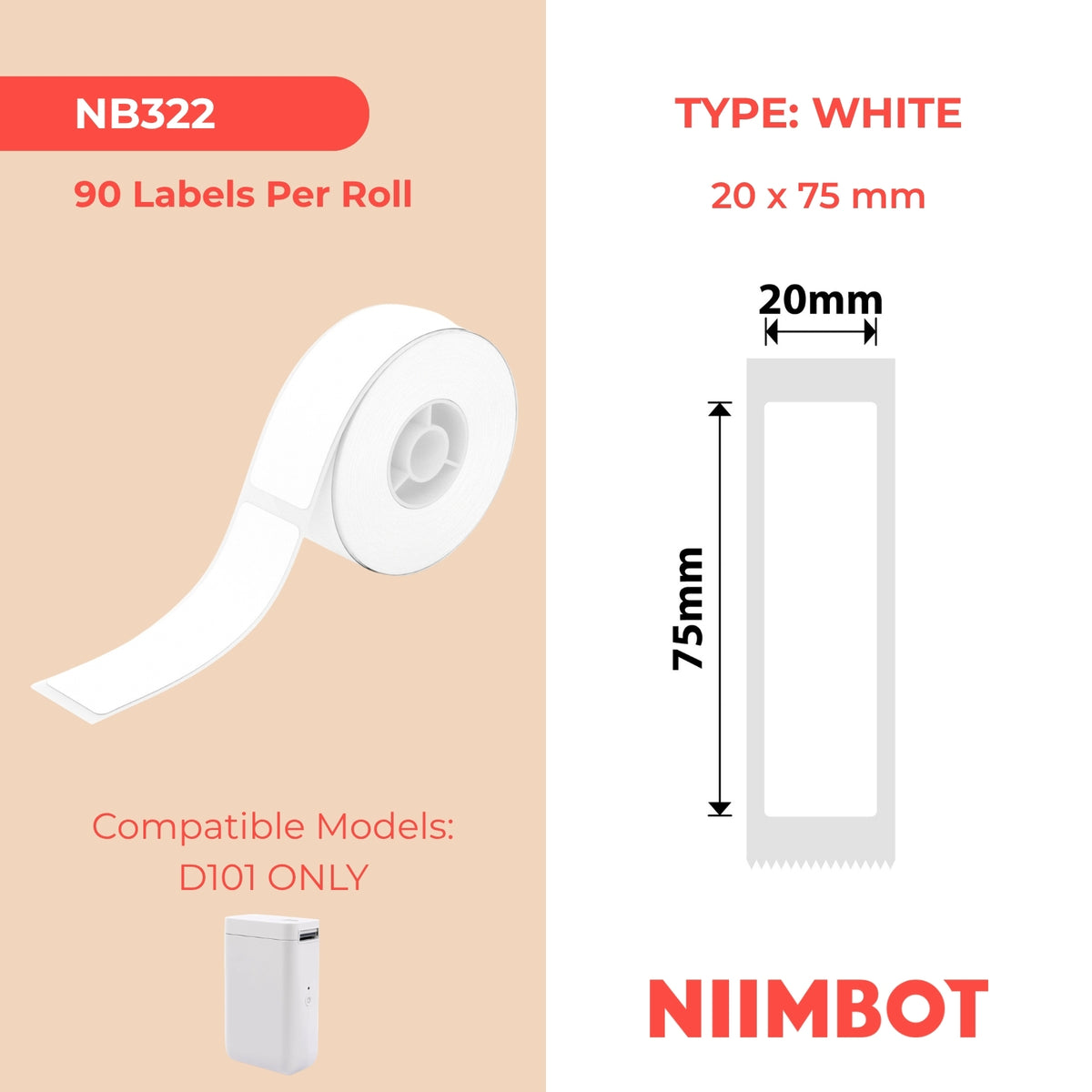 NIIMBOT - Solo D101 - 20x75mm - Bianco - 90 Etichette