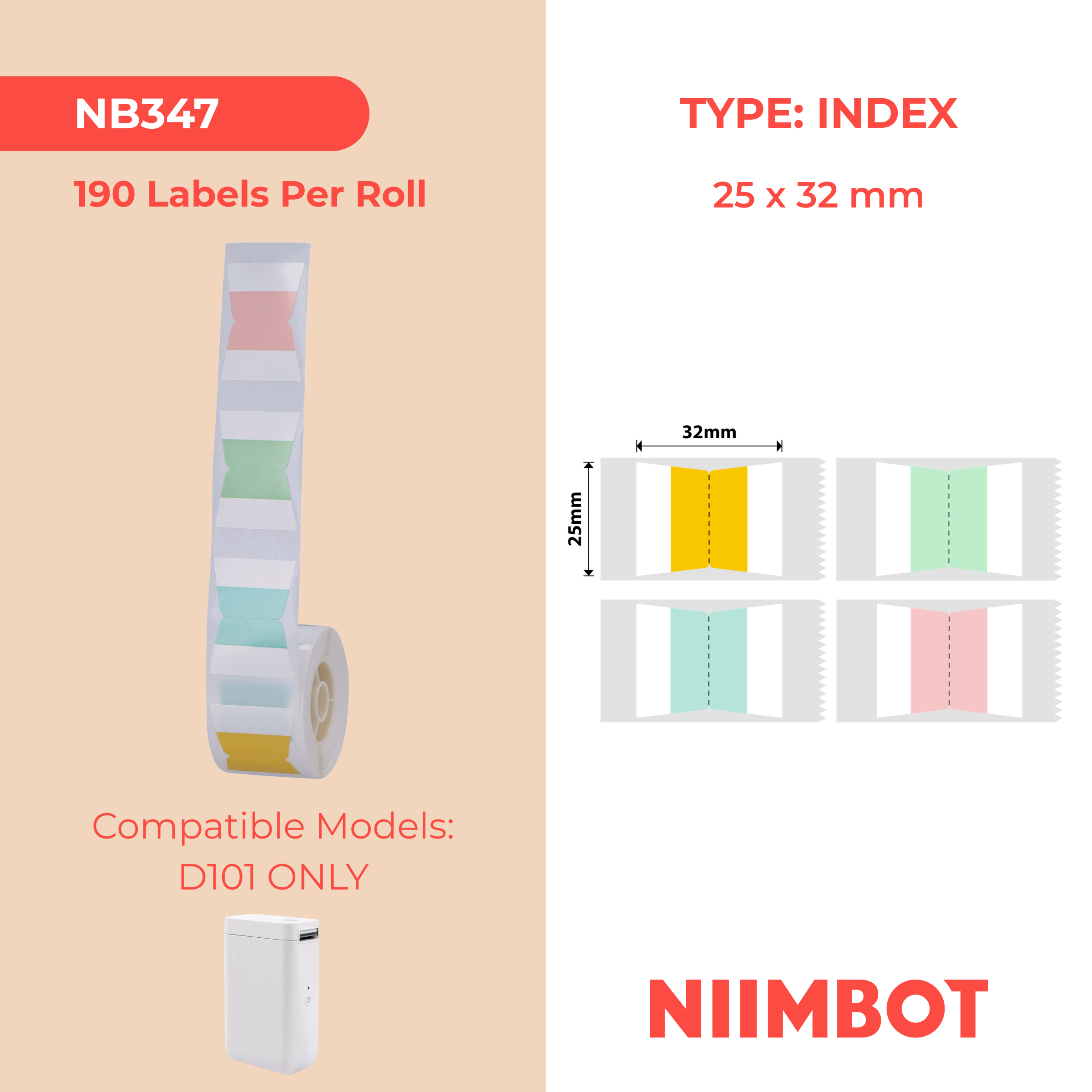NB347 - NIIMBOT - D101 ONLY - 25X32MM - 185 INDEX MIXED COLOURS LABELS