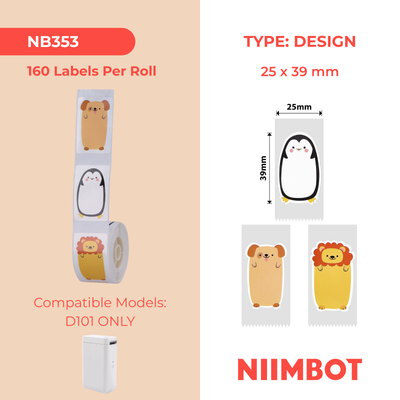 NB353 - NIIMBOT - D101 ONLY - 25X39MM - 160 ANIMALS LABELS