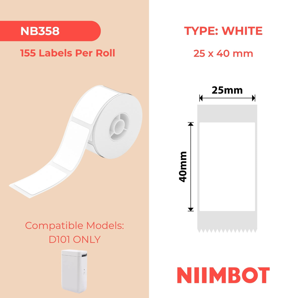 NIIMBOT - D101 Only - 25x40mm - White - 155 Labels