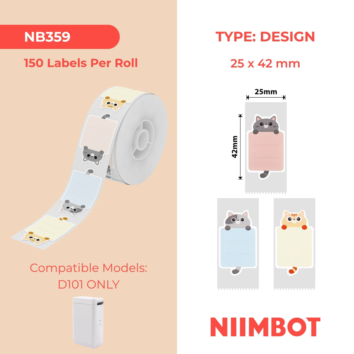 NIIMBOT - Solo D101 - 25x42mm - Gattino - 150 etichette