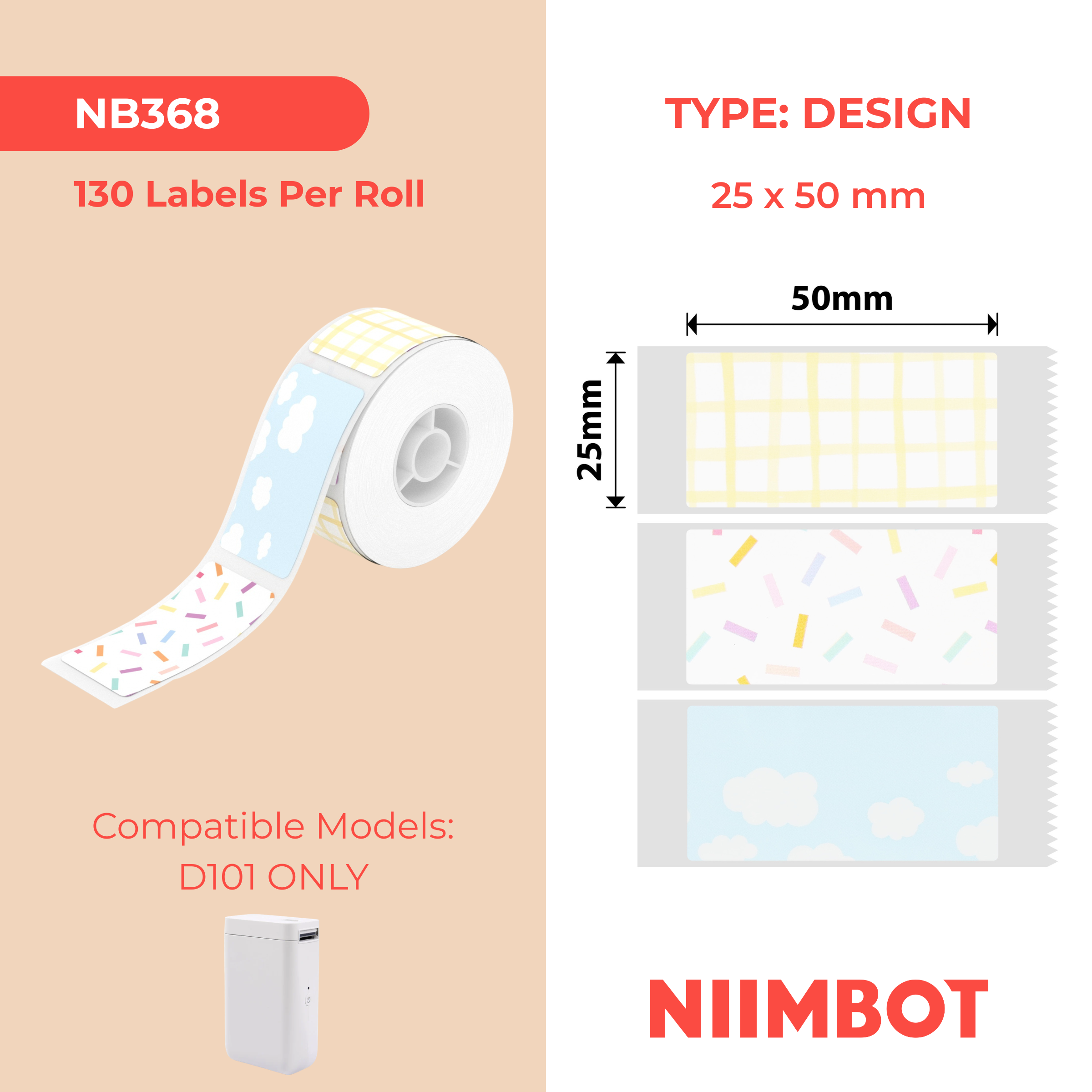 NB368 - NIIMBOT - D101 ONLY - 25X50MM - 130 MIXED PATTERN LABELS