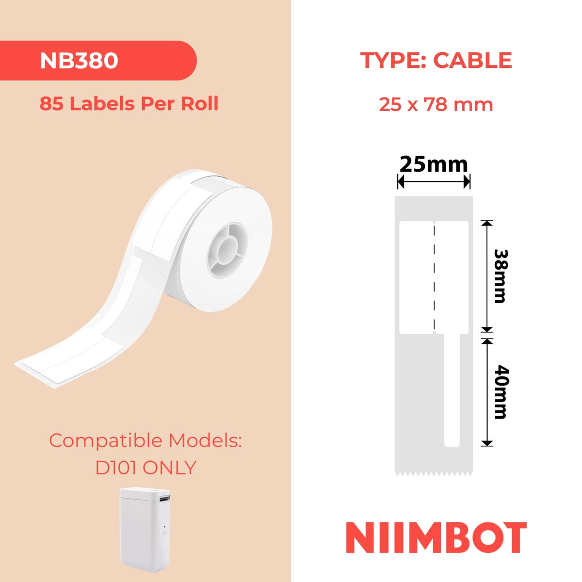 NIIMBOT-D101 uniquement-25 x 78 mm-Câble blanc-85 étiquettes