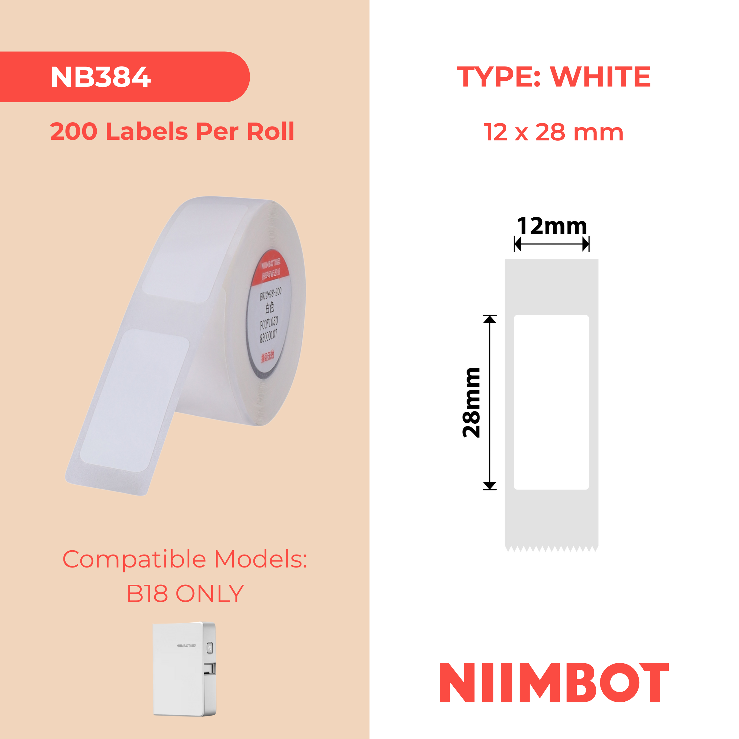 NB384 - NIIMBOT - B18 / N1 - 12X28MM - 200 WHITE LABELS