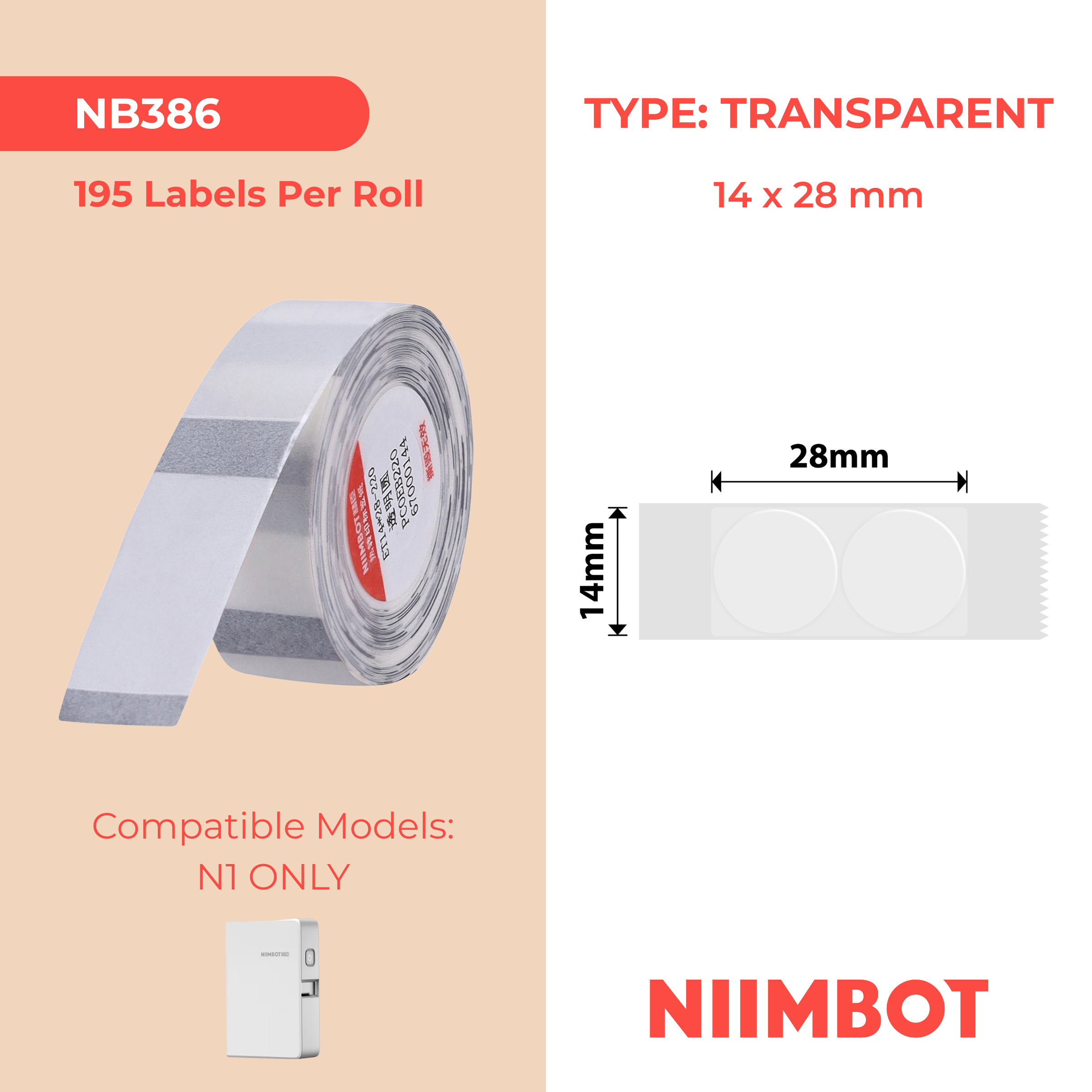 NB386 - NIIMBOT - B18 / N1 - 14X28MM - 195 TRANSPARENT ROUND LABELS