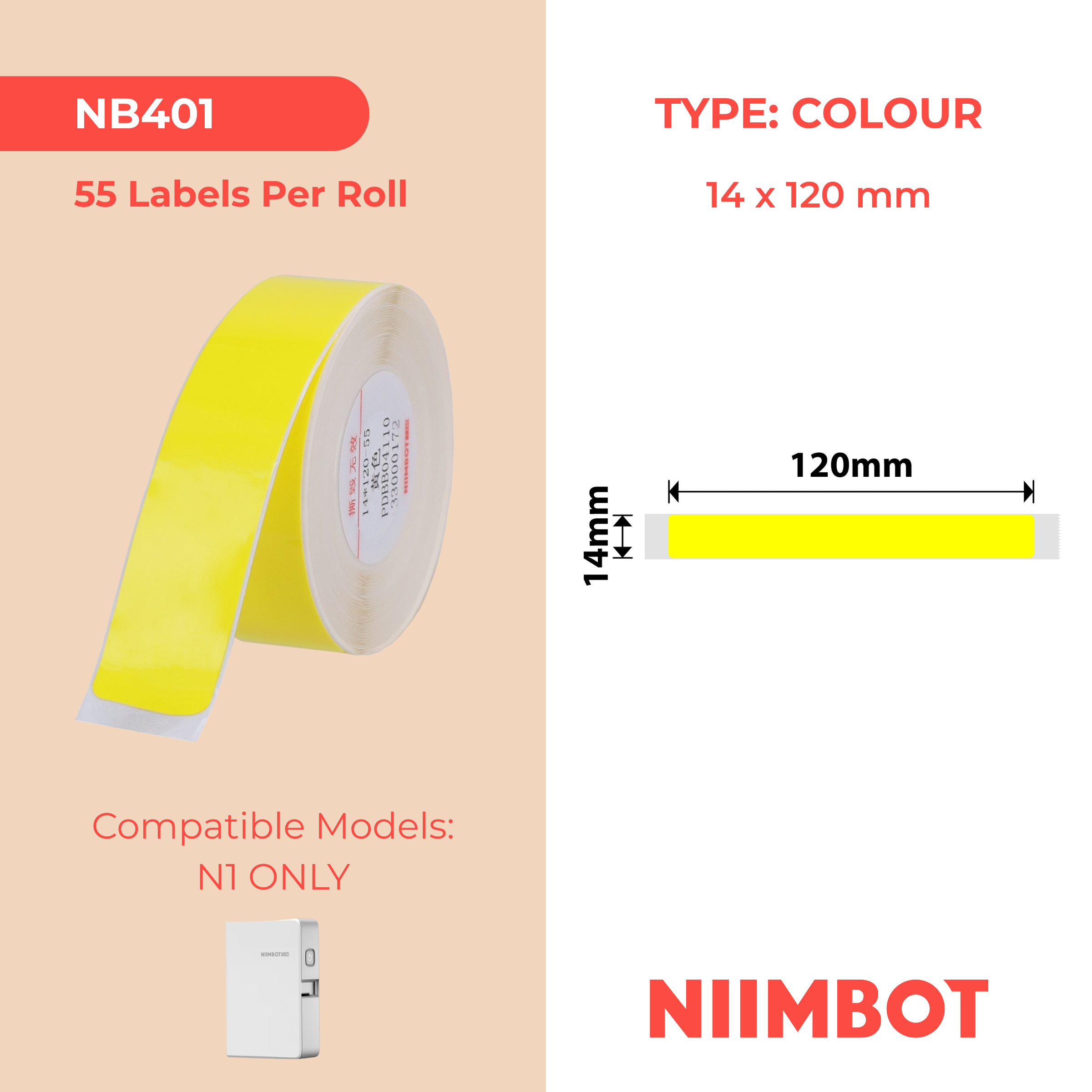 NB401 - NIIMBOT - B18 / N1 - 14X120MM - 55 YELLOW LABELS