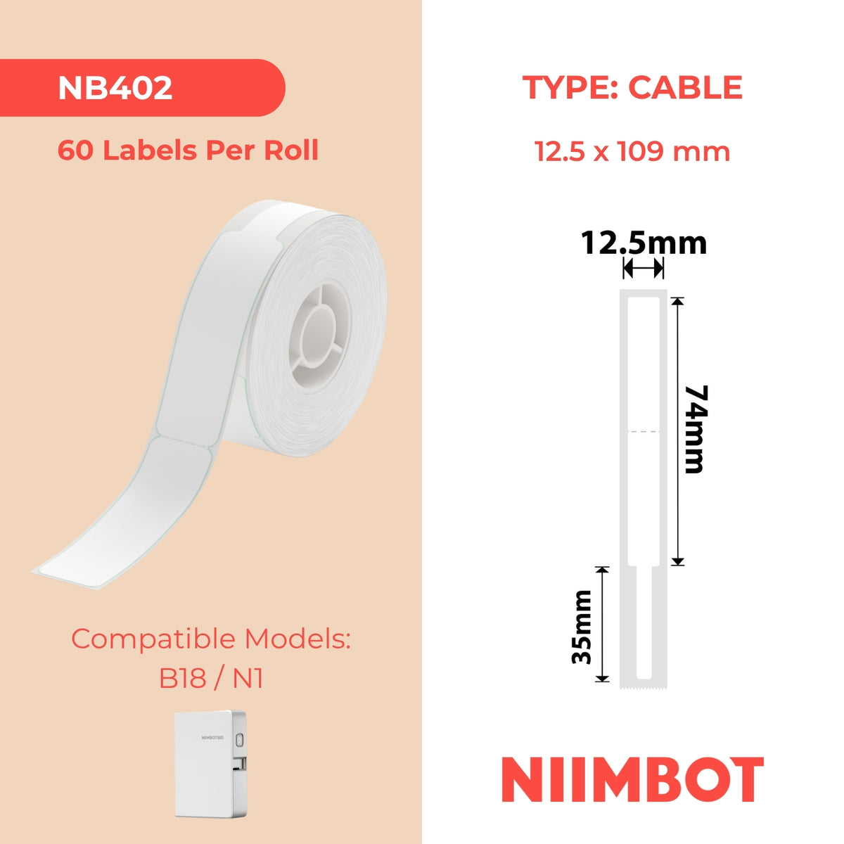 NIIMBOT - N1 - 12.5x109mm - White Cable - 60 Labels