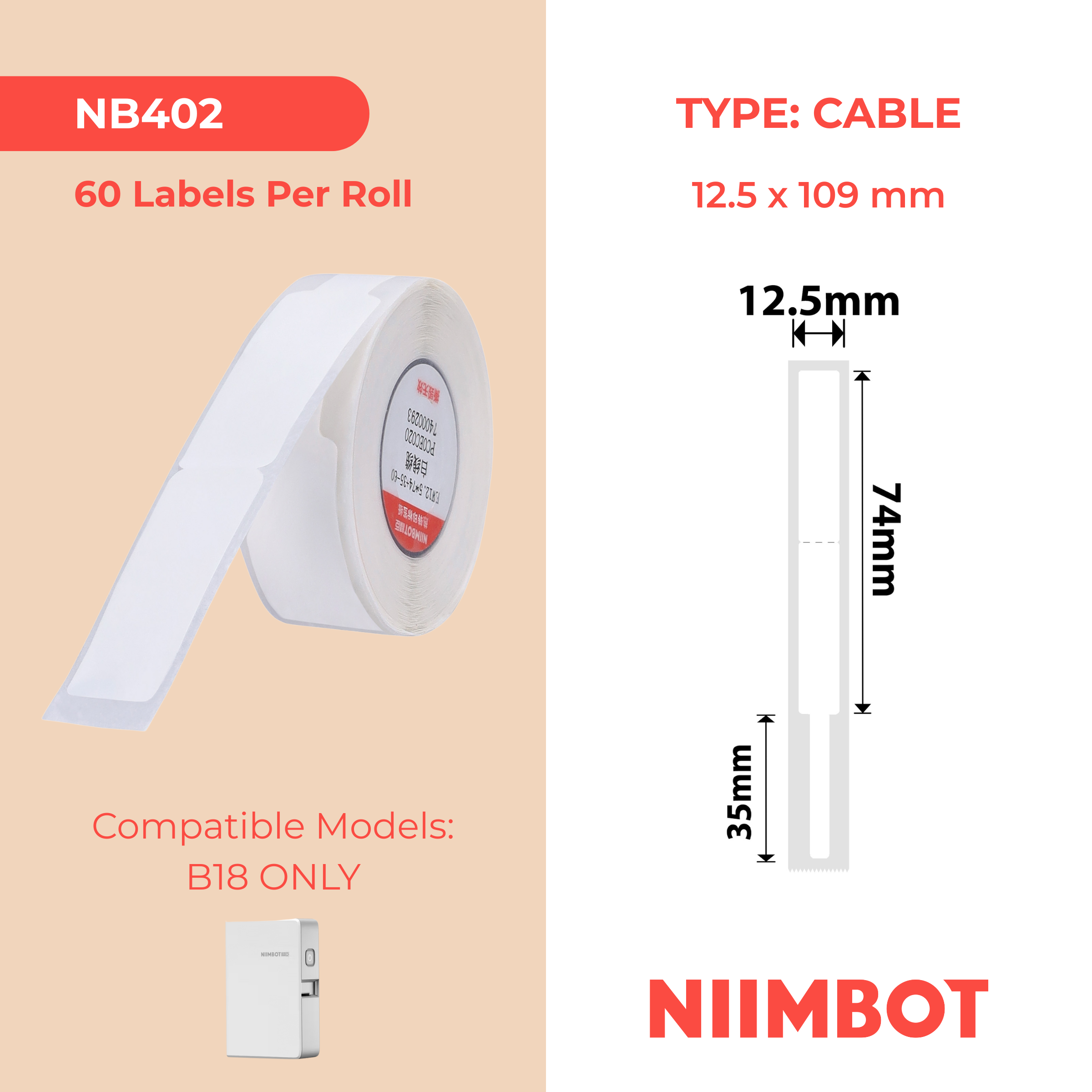 NB402 - NIIMBOT - B18 / N1 - 12.5X109MM - 60 WHITE CABLE LABELS