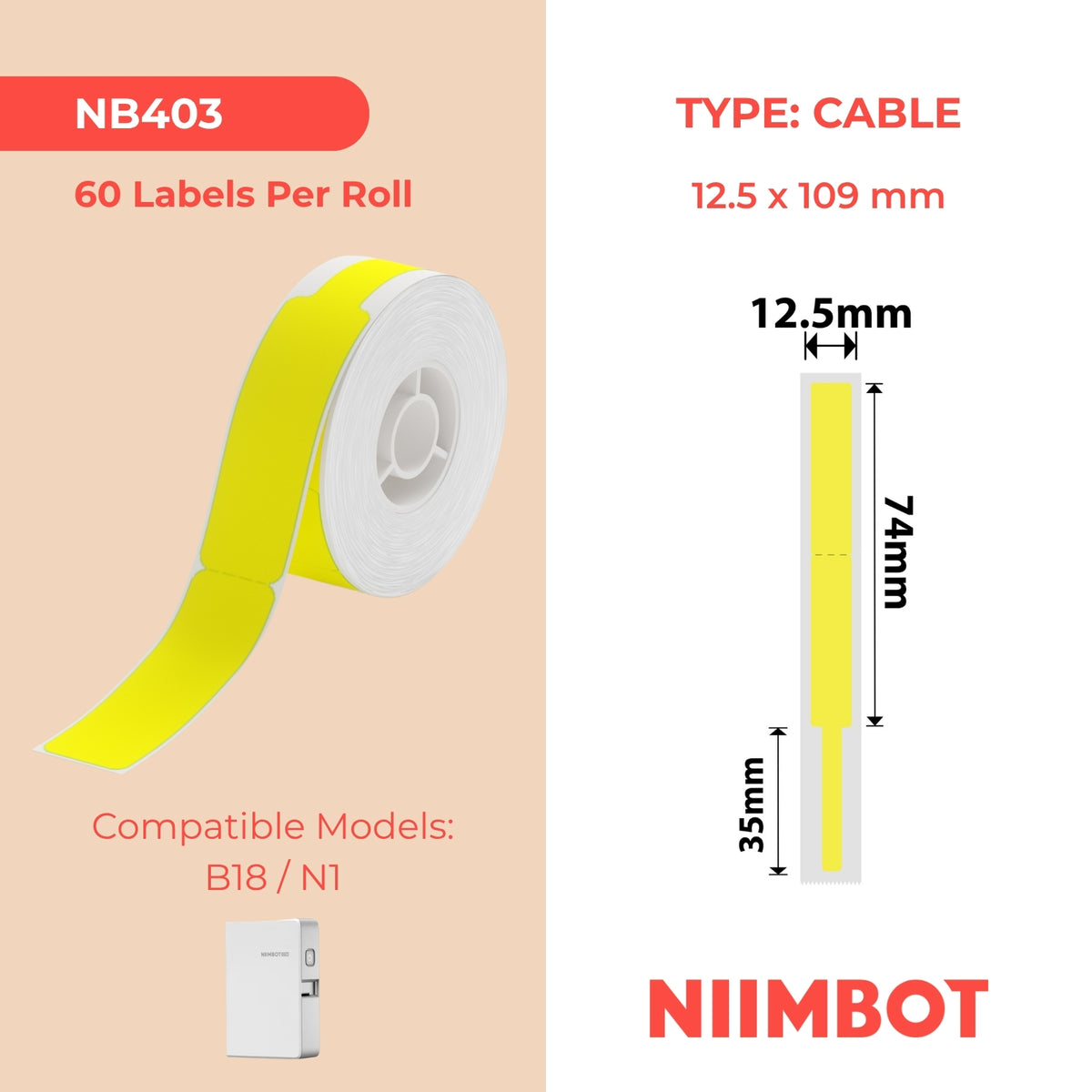 NIIMBOT - N1 - 12.5x109mm - Yellow Cable - 60 Labels