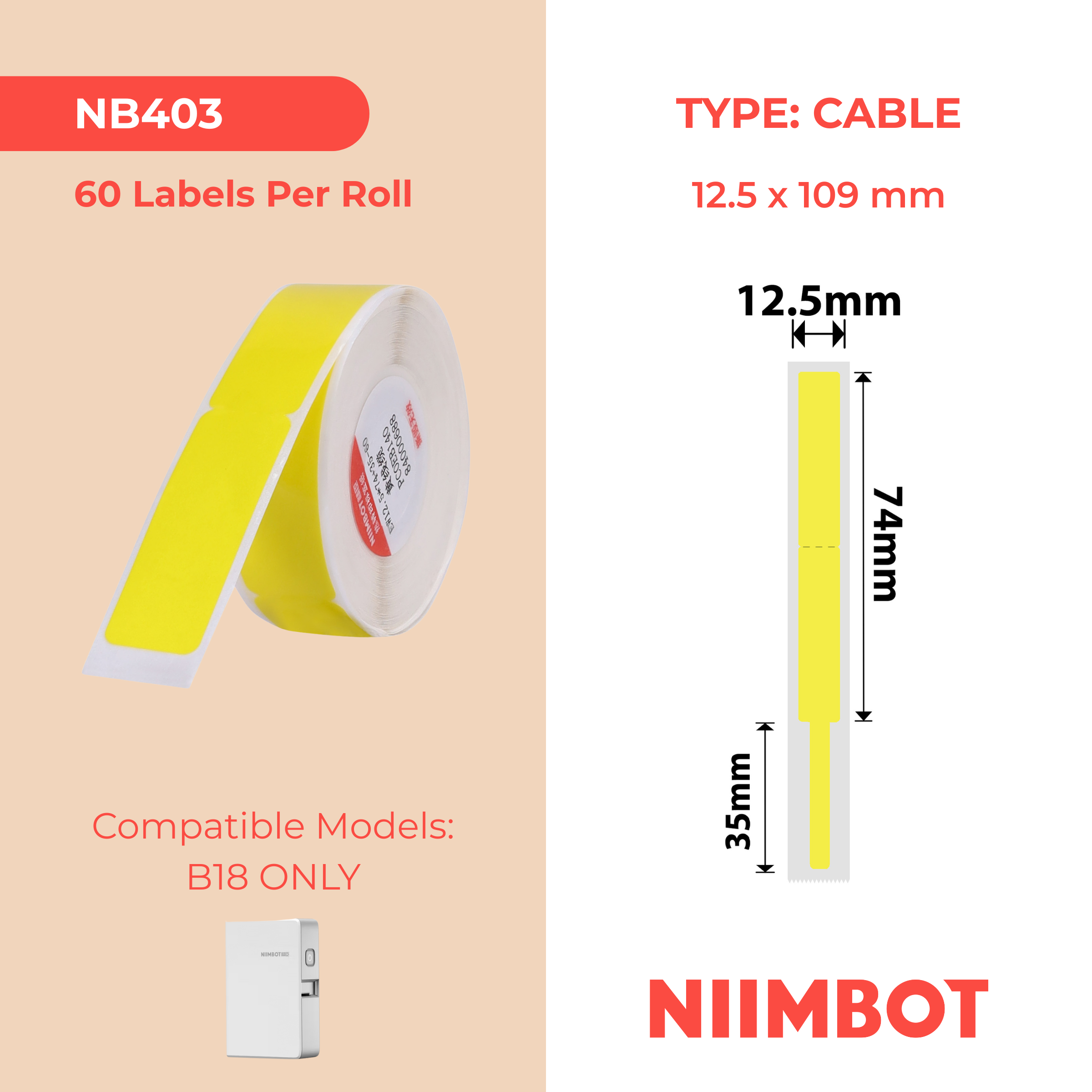NB403 - NIIMBOT - B18 / N1 - 12.5X109MM - 60 YELLOW CABLE LABELS