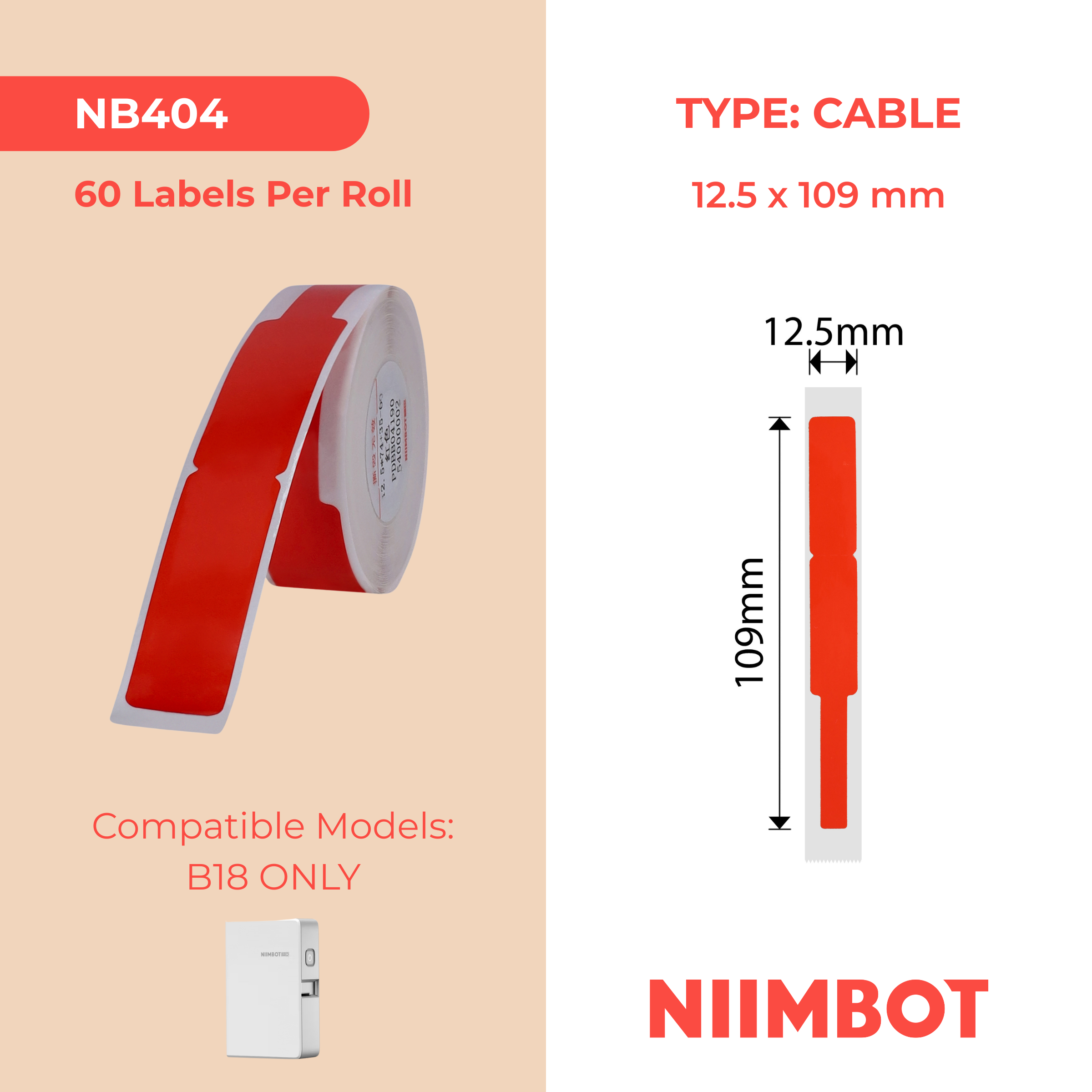 NB404 - NIIMBOT - B18 / N1 - 12.5X109MM - 60 RED CABLE LABELS