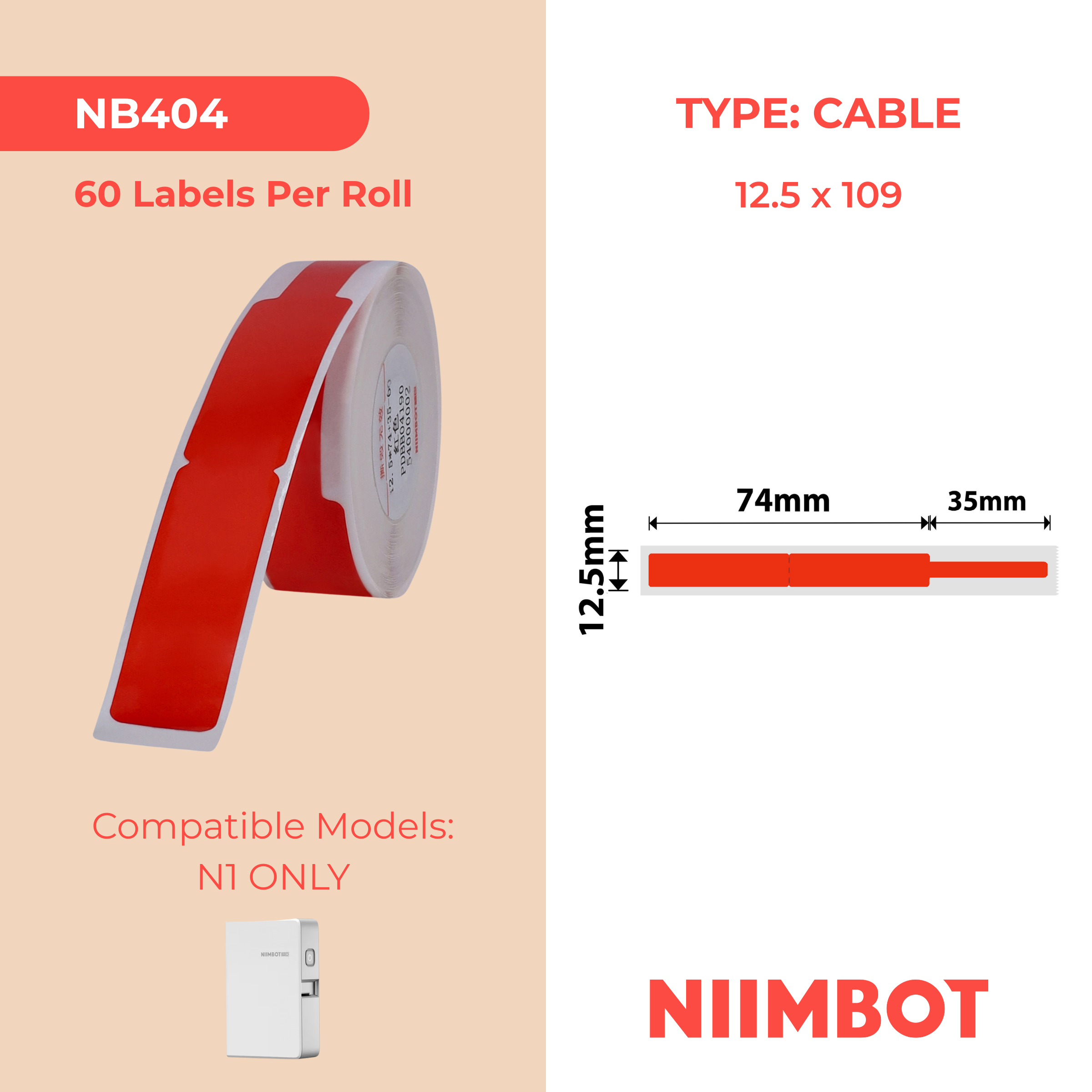 NB404 - NIIMBOT - B18 / N1 - 12.5X109MM - 60 RED CABLE LABELS