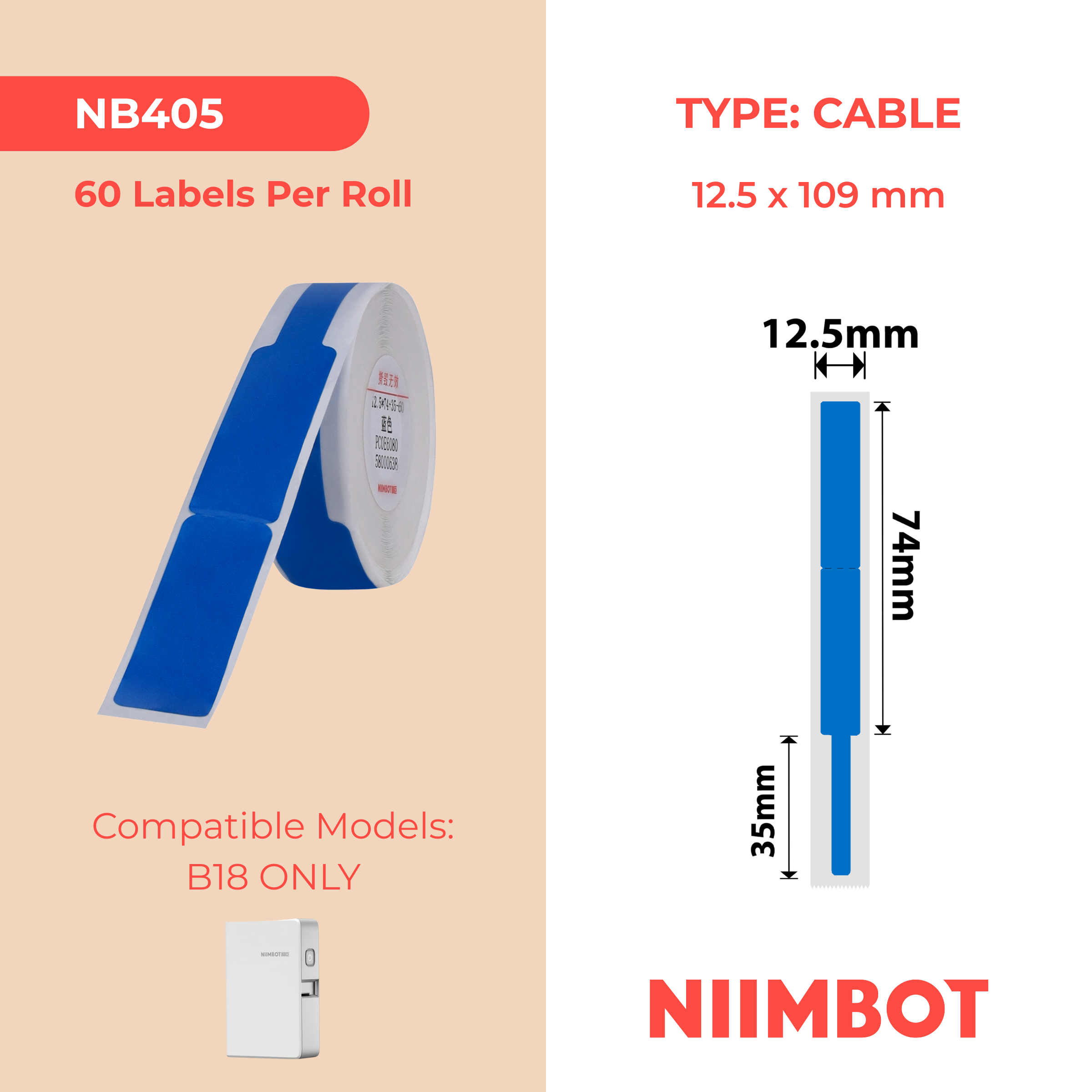 NB405 - NIIMBOT - B18 / N1 - 12.5X109MM - 60 BLUE CABLE LABELS