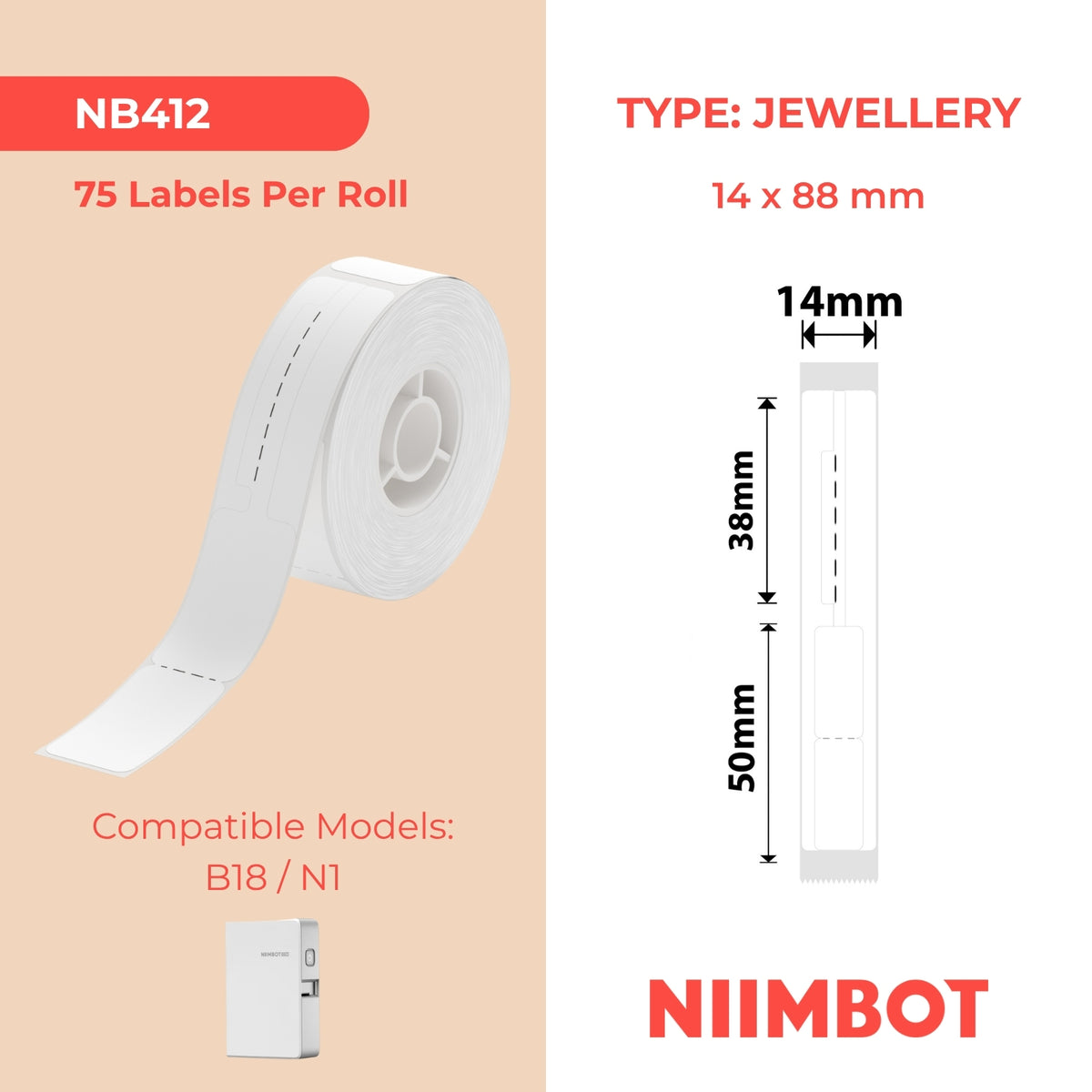 NIIMBOT - N1 - 14x88mm - White Jewellery - 75 Labels