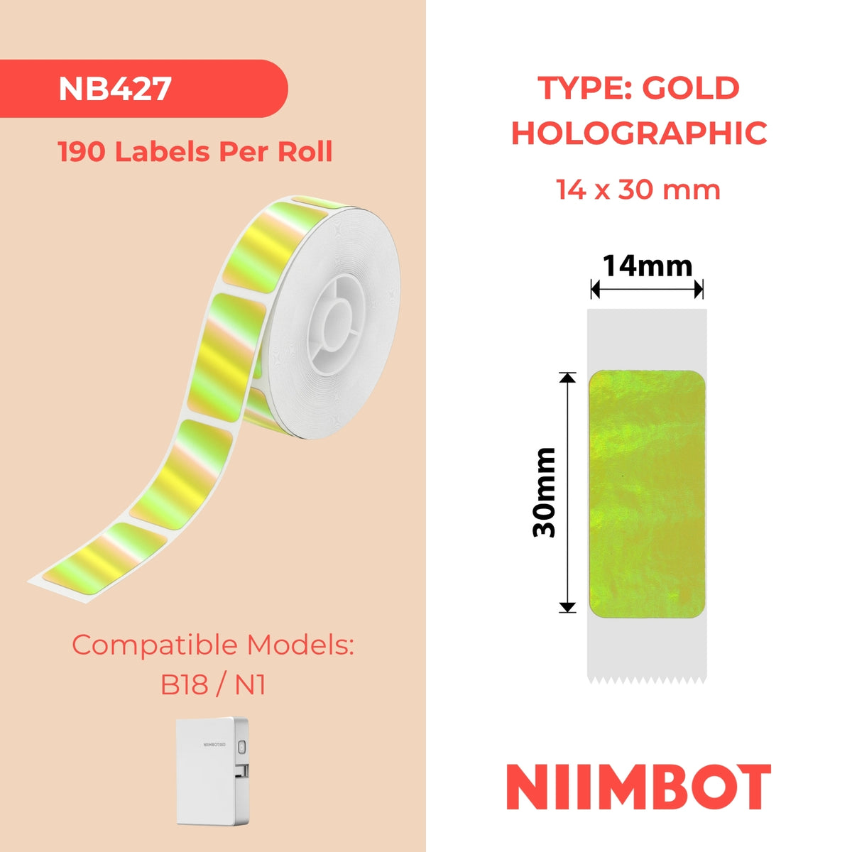 NIIMBOT - N1 - 14x30mm - Ologramma dorato - 190 etichette