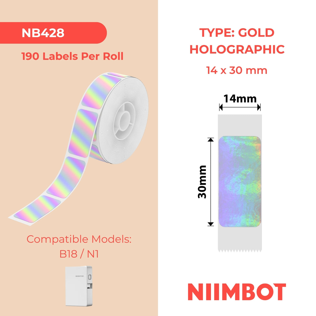NIIMBOT - N1 - 14x30mm - Silver Hologram - 190 Labels