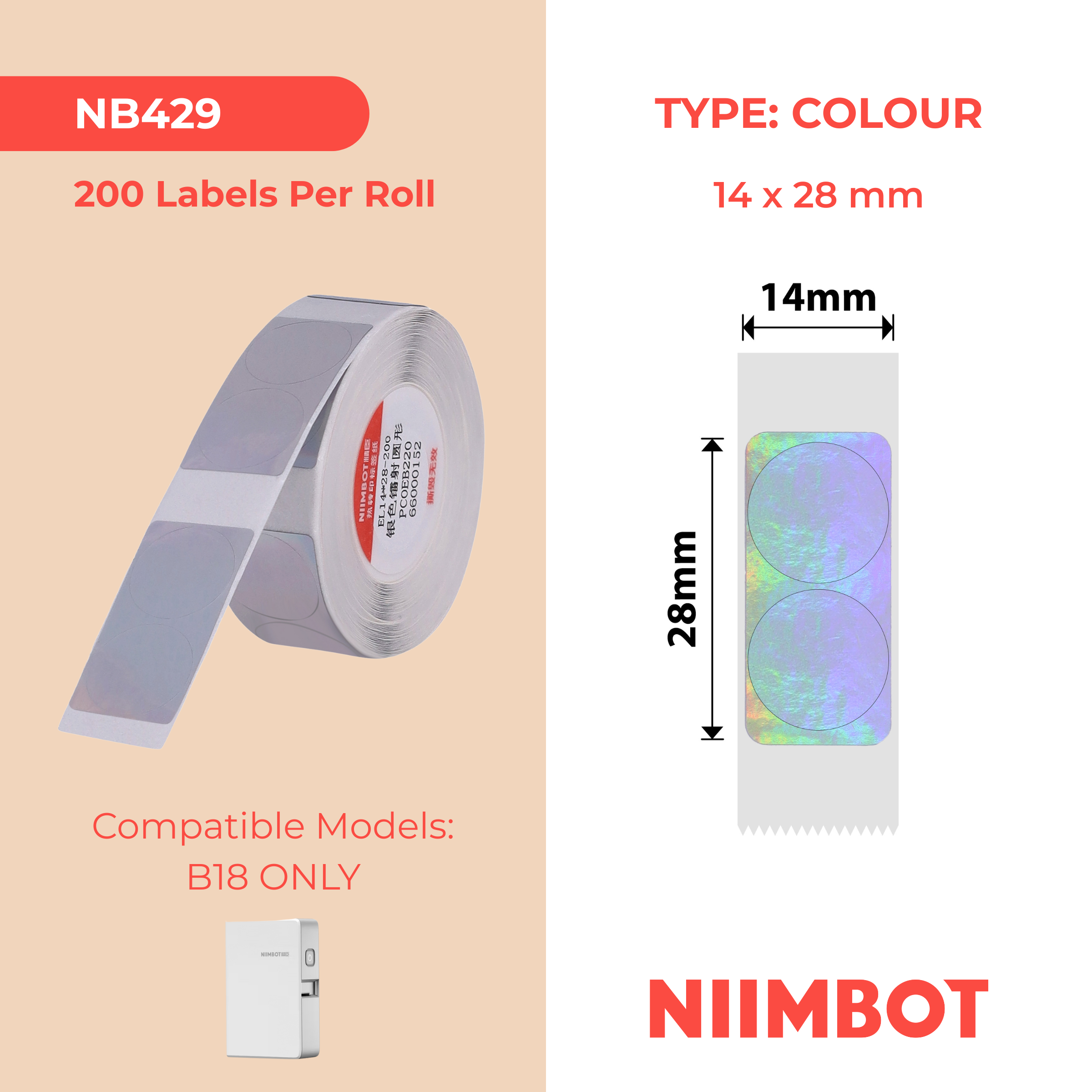 NB429 - NIIMBOT - B18 / N1 - 14X28MM - 200 SILVER HOLOGRAM DOUBLE ROUND LABELS