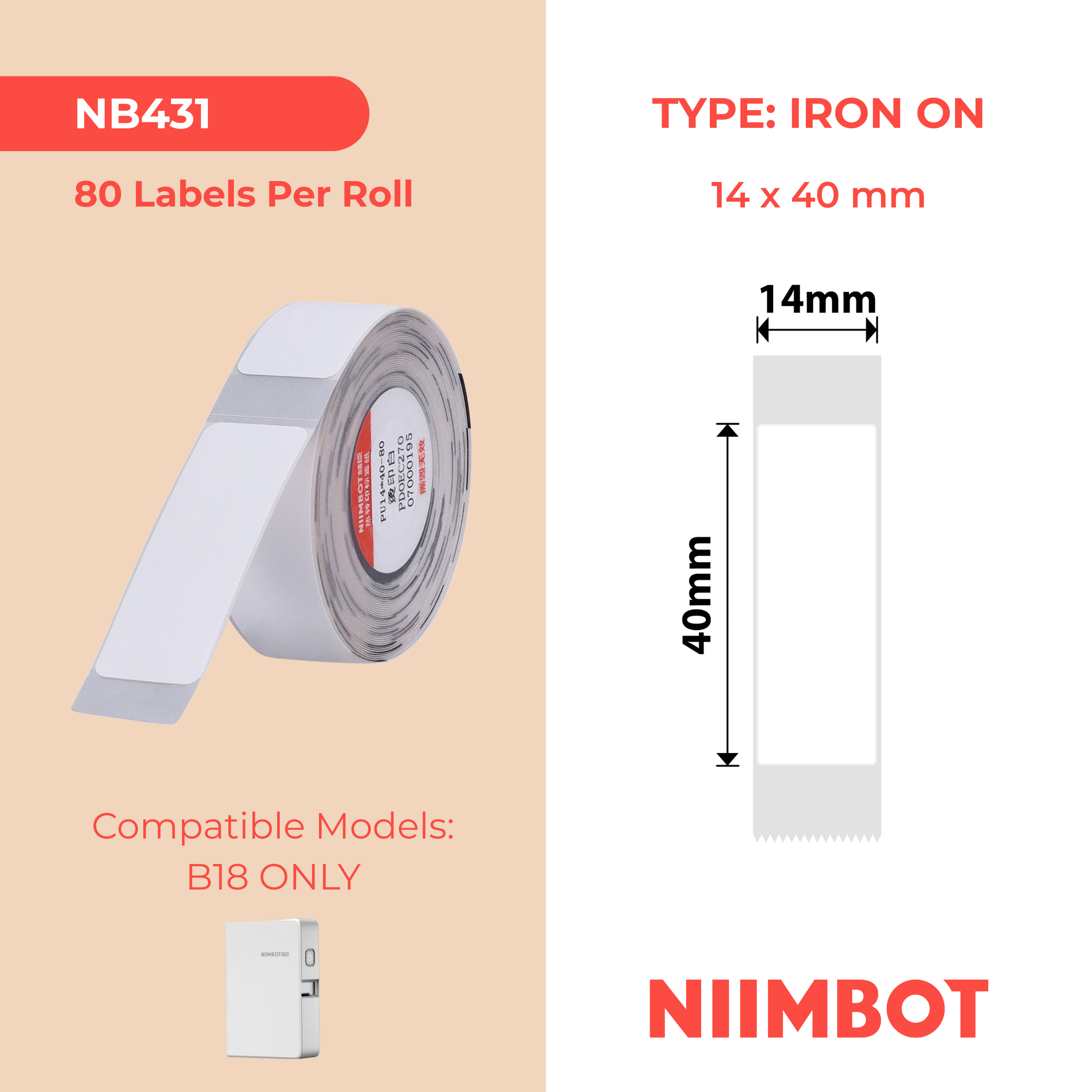 NB431 - NIIMBOT - B18 / N1 - 14X40MM - 60 WHITE IRON ON LABELS