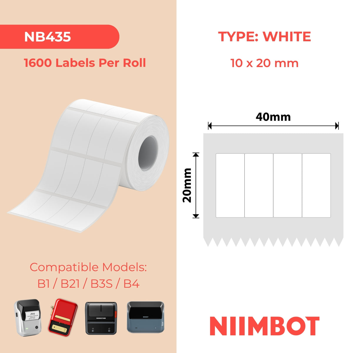 NIIMBOT - B Range - 10x20mm/4R - White - 1,600 Labels