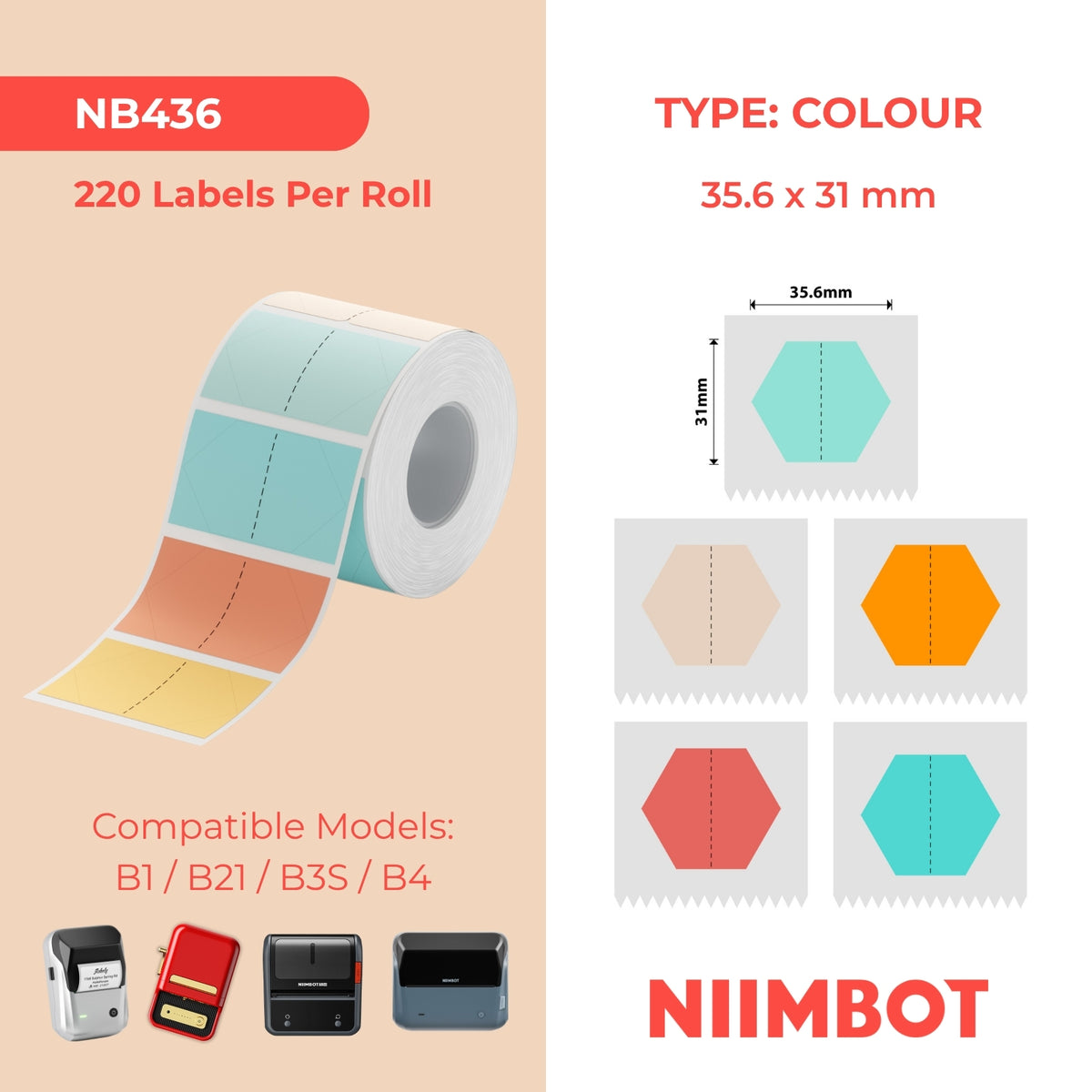 NIIMBOT - B Range - 35.6x31mm - Multi-Colour Hexagon - 220 Labels