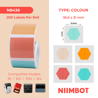 NB436 - NIIMBOT - B1 / B21 / B3S / B4 - 35.6X31MM - 220 MULTI-COLOUR HEXAGON LABELS