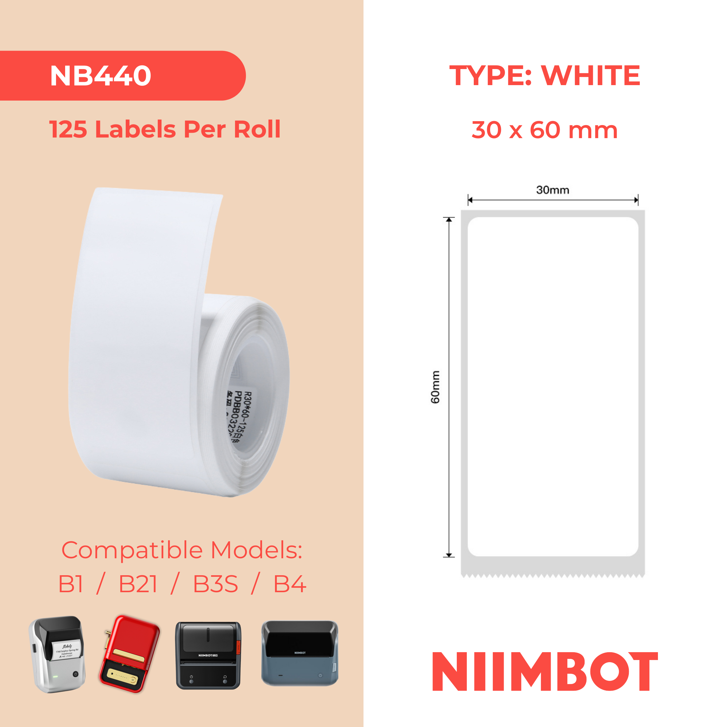 NB440 - NIIMBOT - B1 / B21 / B3S / B4 - 30X60MM - 125 WHITE LABELS