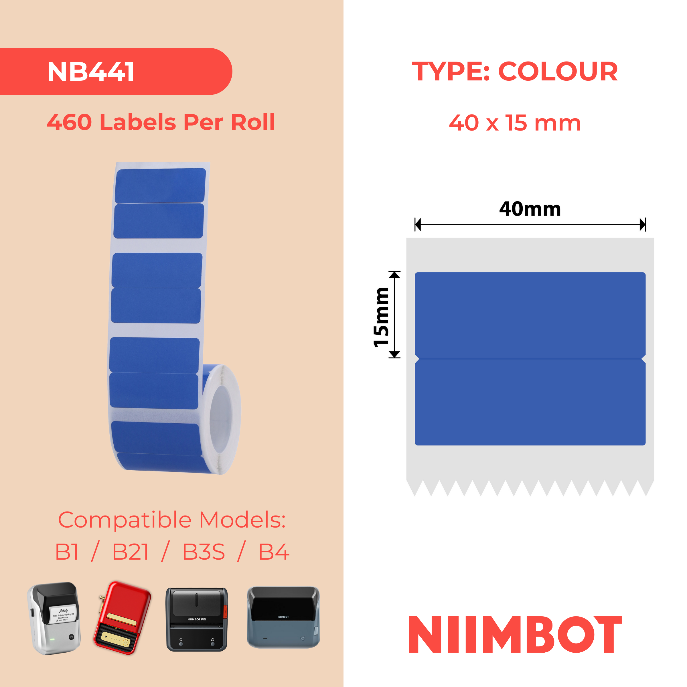 NB441 - NIIMBOT - B1 / B21 / B3S / B4 - 40X15/2MM - 460 BLUE THERMAL LABELS