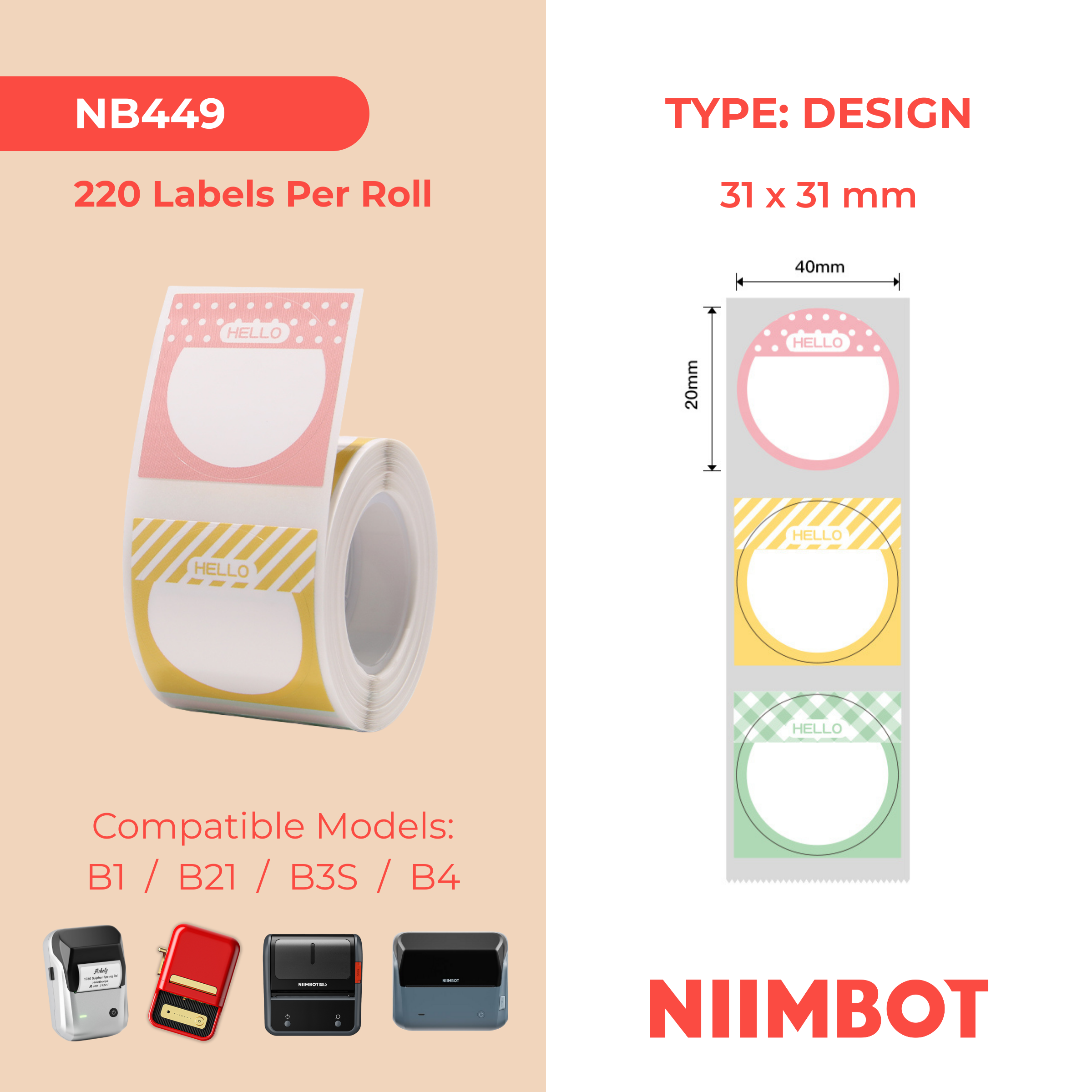 NB449 - NIIMBOT - B1 / B21 / B3S / B4 - 31X31MM - 220 HELLO LABELS
