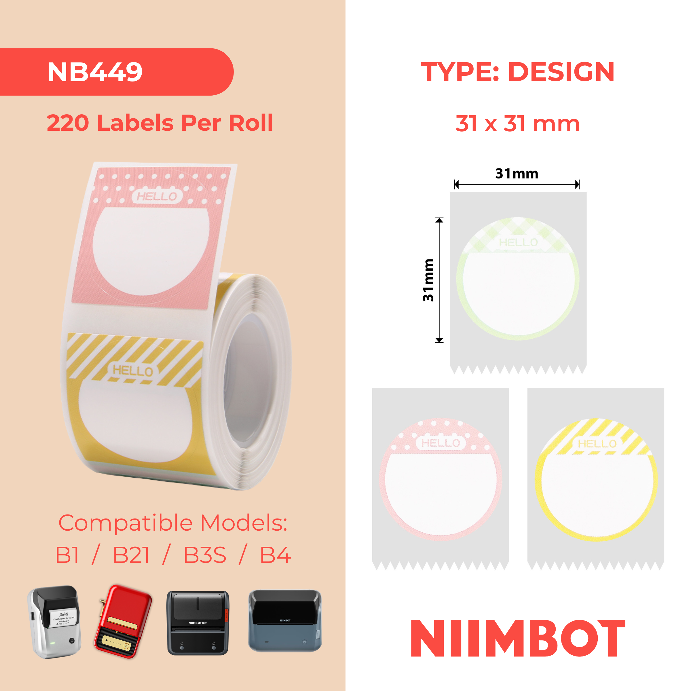 NB449 - NIIMBOT - B1 / B21 / B3S / B4 - T31X31MM - 220 ÉTIQUETTES PAR ROULEAU - DESIGN HELLO