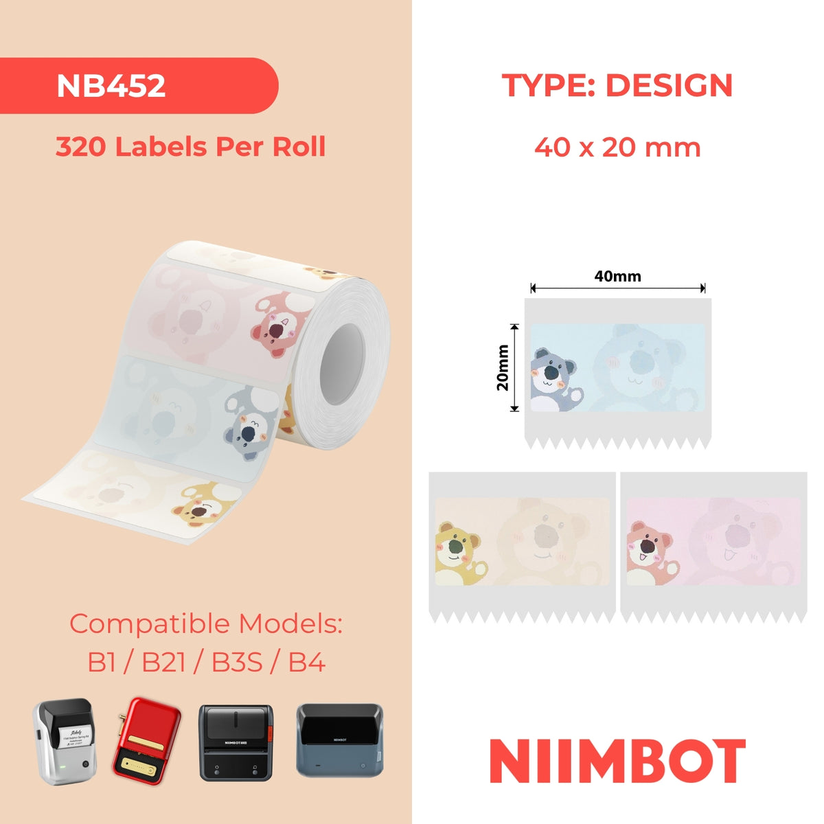 NIIMBOT - Serie B - 40x20mm - Orsetto carino - 320 etichette