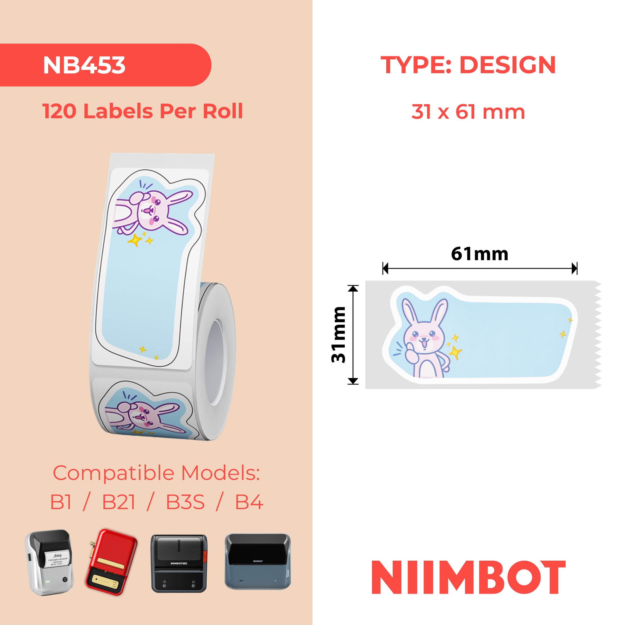 NB453 - NIIMBOT - B1 / B21 / B3S / B4 - T31X61MM - 120 ÉTIQUETTES PAR ROULEAU - GOOD JOB DESIGN