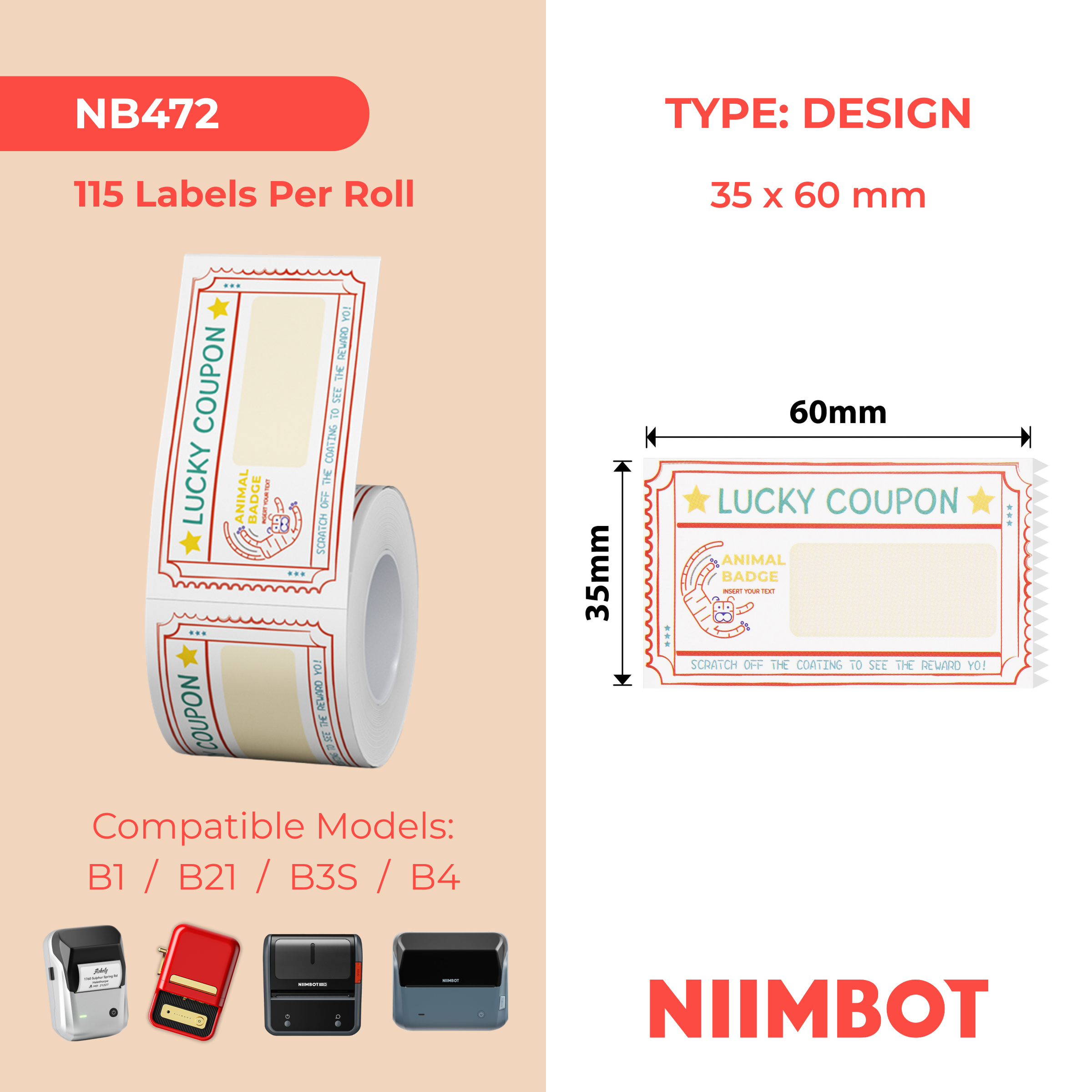 NB472 - NIIMBOT - B1 / B21 / B3S / B4 - 35X60MM - 115 LUCKY TIGER LABELS