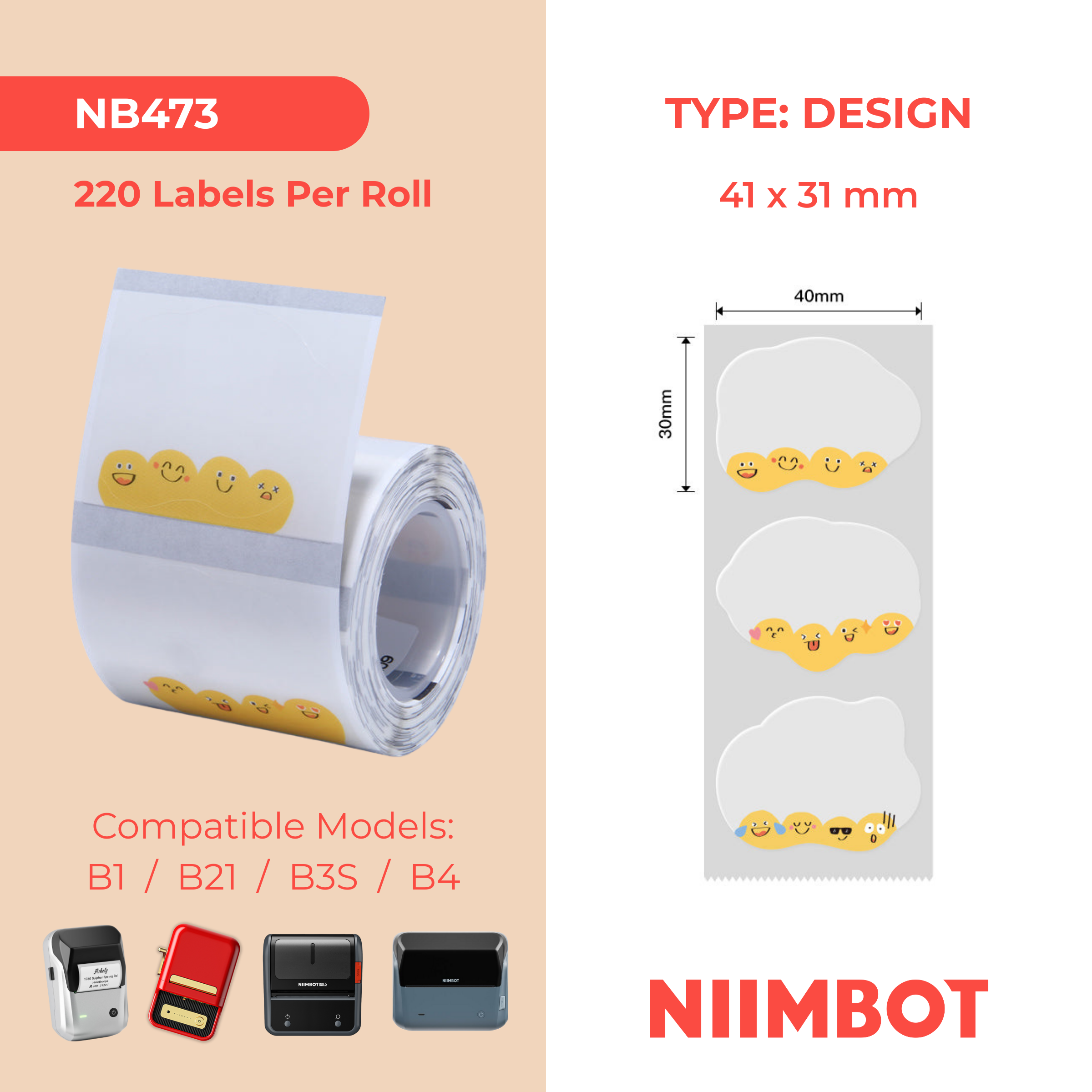 NB473 - NIIMBOT - B1 / B21 / B3S / B4 - 41X31MM - 220 CUTE EMOJIS LABELS
