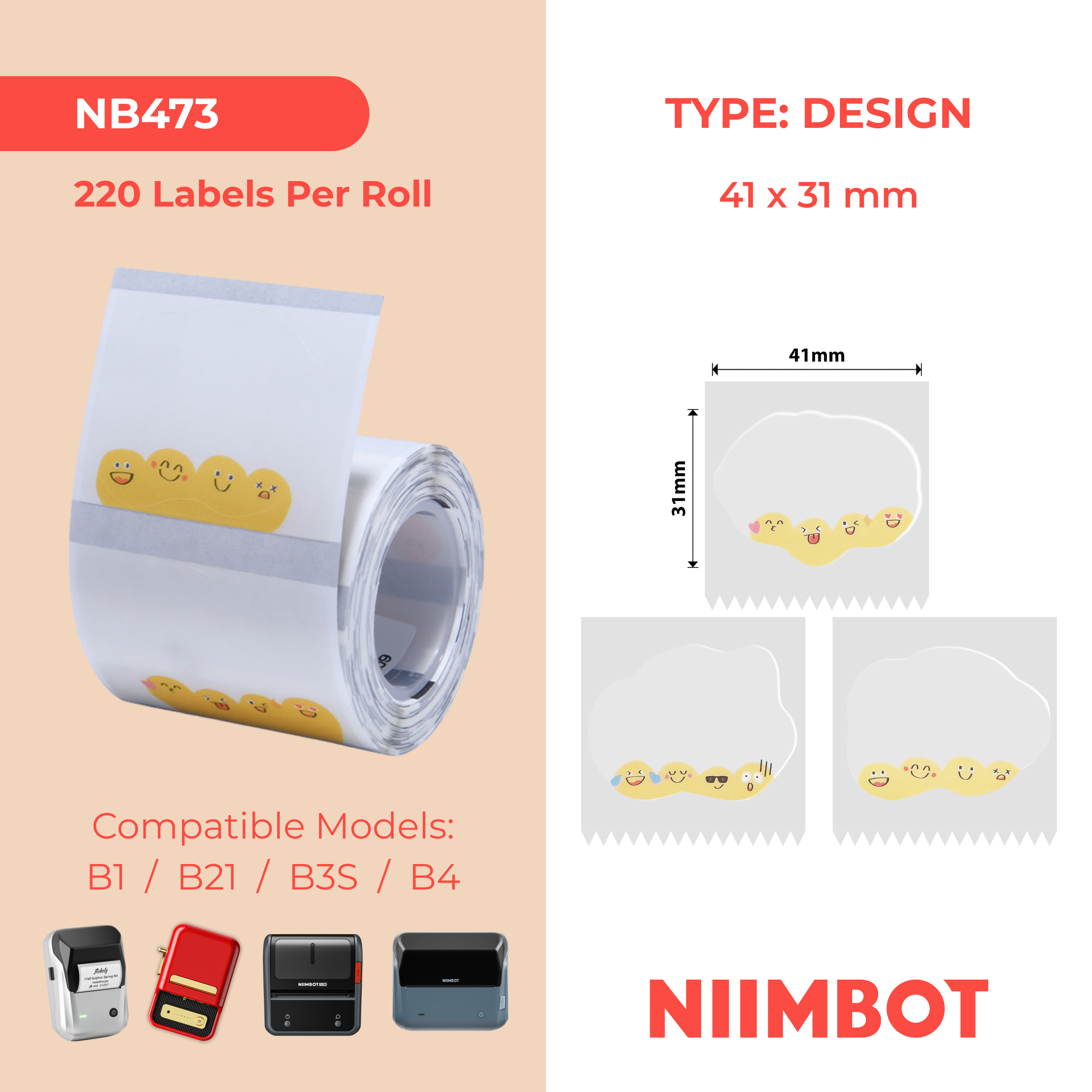 NB473 - NIIMBOT - B1 / B21 / B3S / B4 - 41X31MM - 220 CUTE EMOJIS LABELS