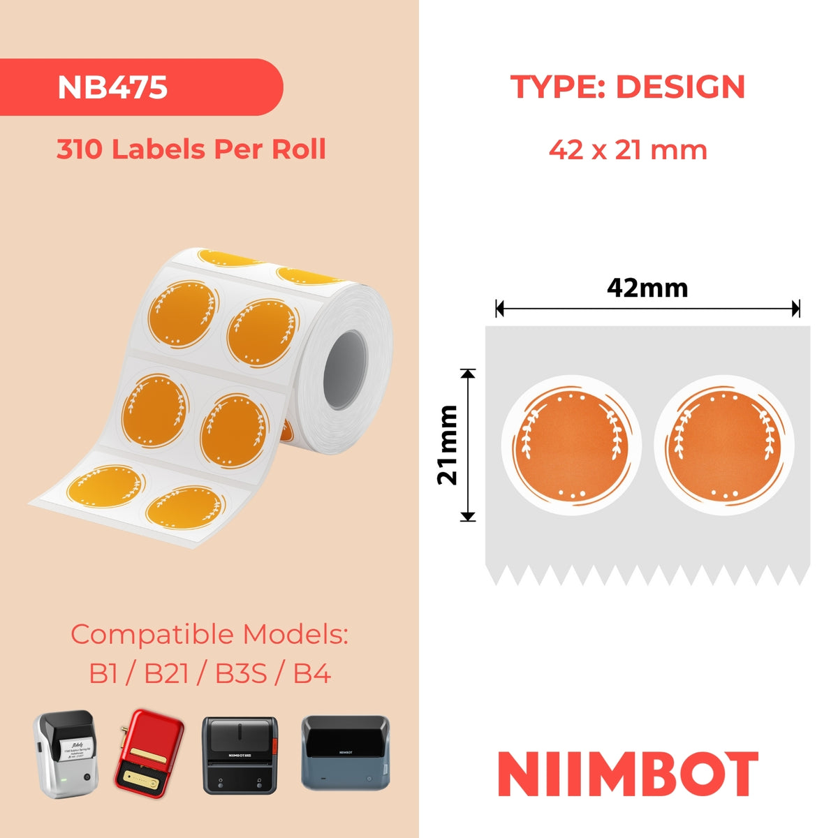 NIIMBOT - Gamma B - 42x21mm - Rotonde arancioni - 310 etichette