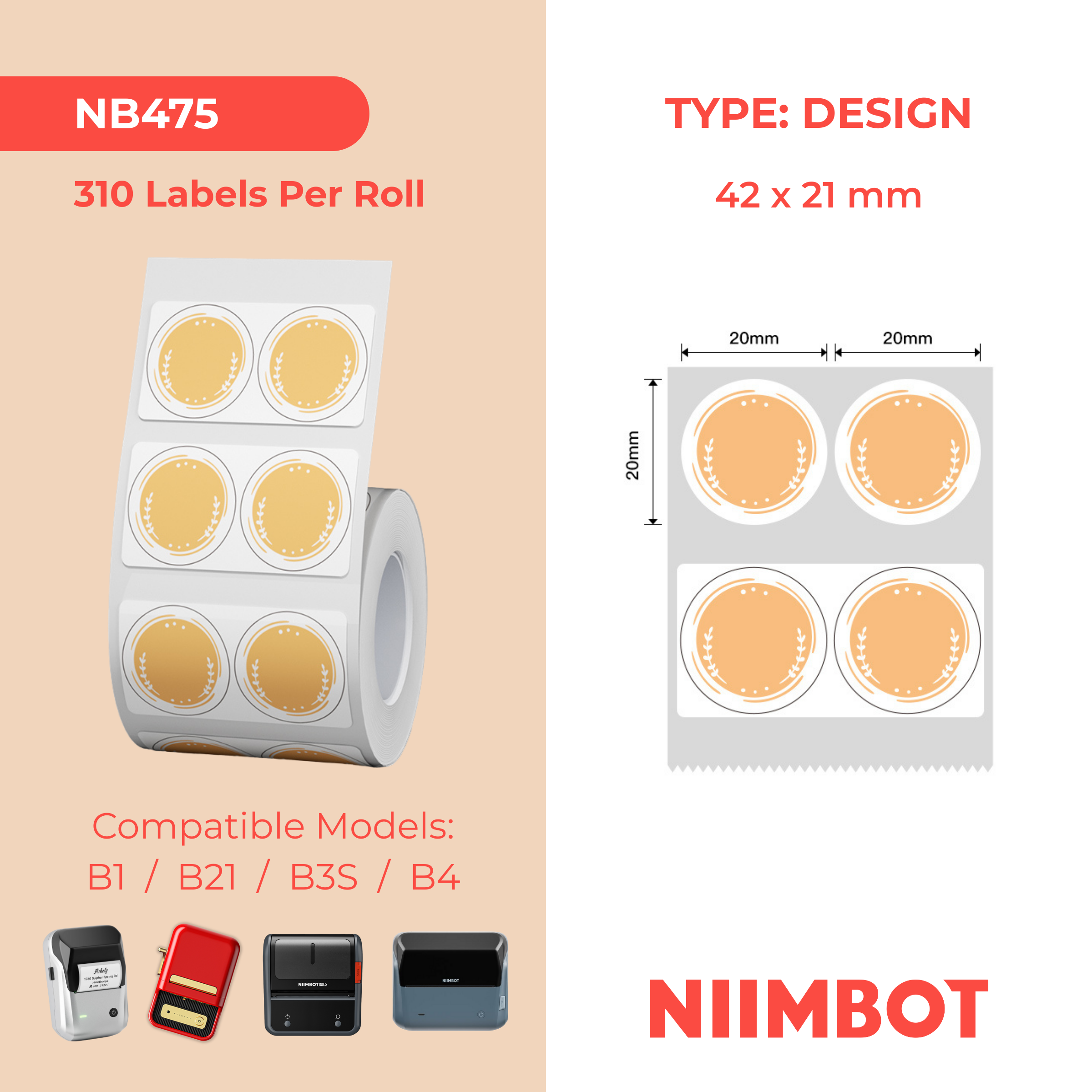 NB475 - NIIMBOT - B1 / B21 / B3S / B4 - 42X21MM - 310 ORANGE ROUND LABELS