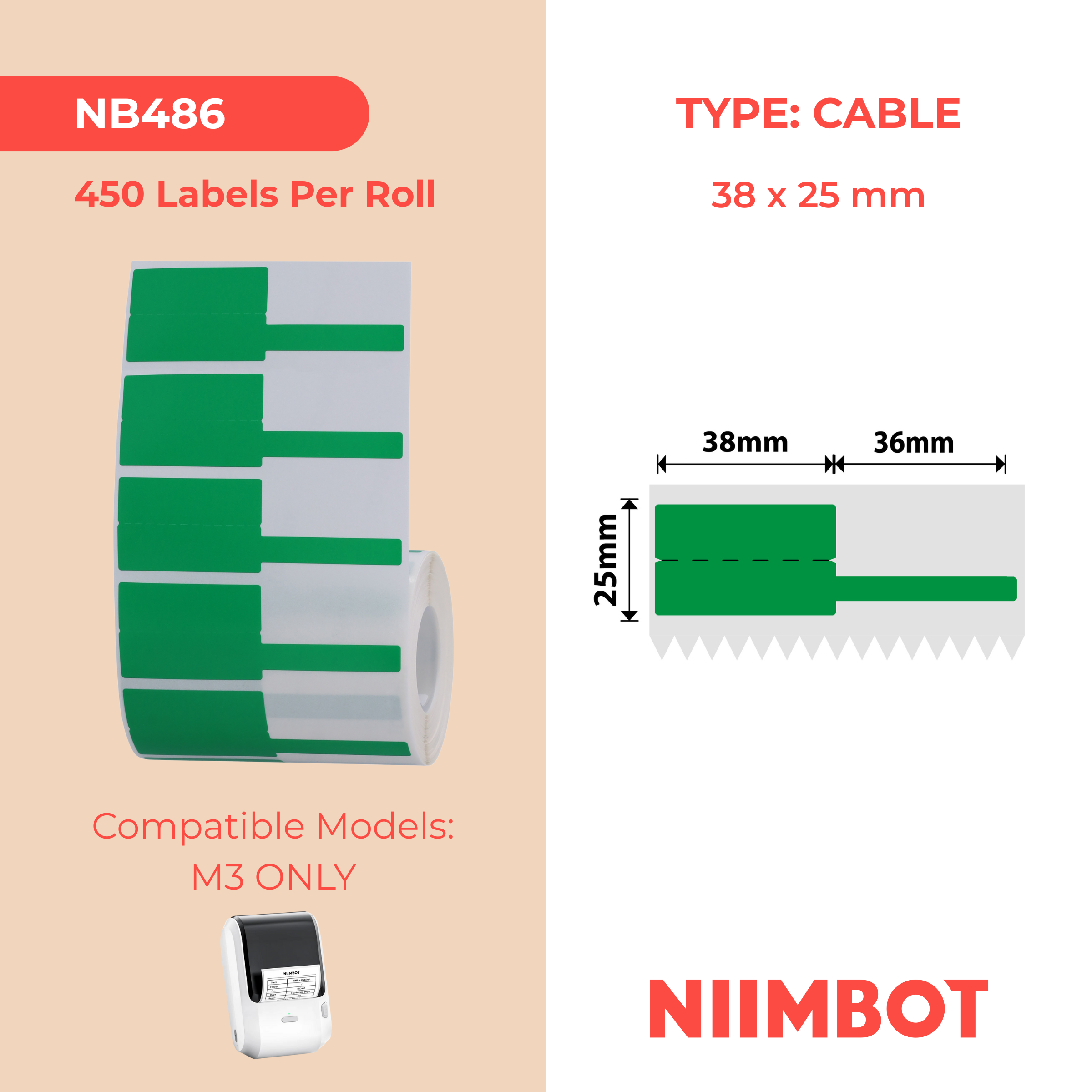 NB486 - NIIMBOT - M3 ONLY - 38X25+36MM - 40 GREEN CABLE LABELS