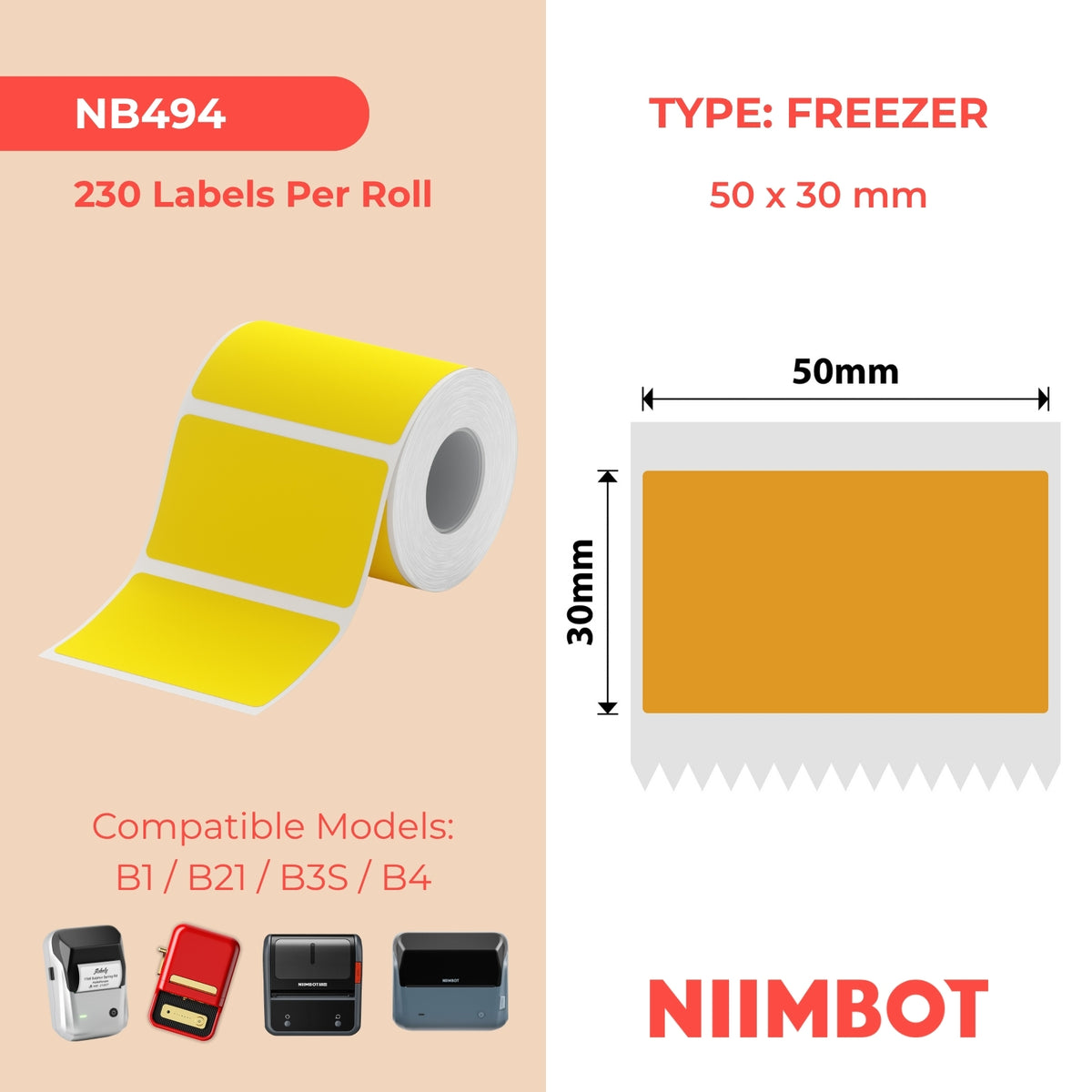 NIIMBOT - Gamma B - 50x30mm - Arancione per congelatore - 230 etichette