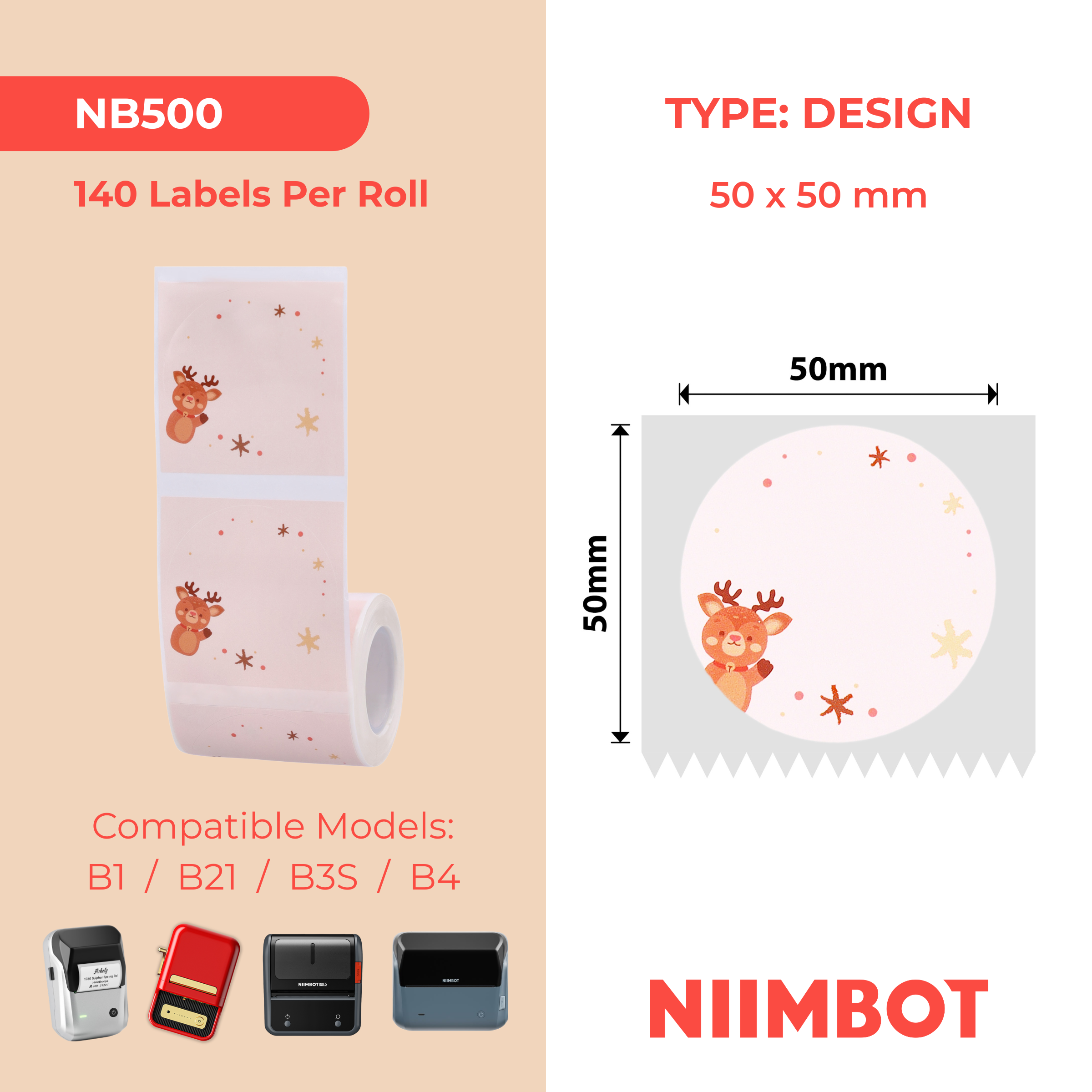 NB500 - NIIMBOT - B1 / B21 / B3S / B4 - 50X50MM - 140 CHRISTMAS ELK LABELS
