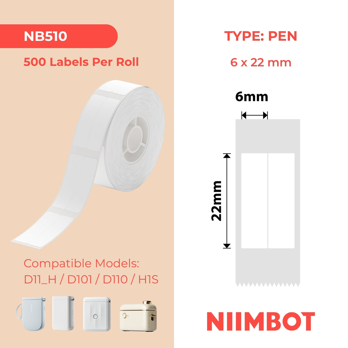 NIIMBOT - D Range - 6x22mm/2L - White Vertical Pen - Stationary - 500 Labels