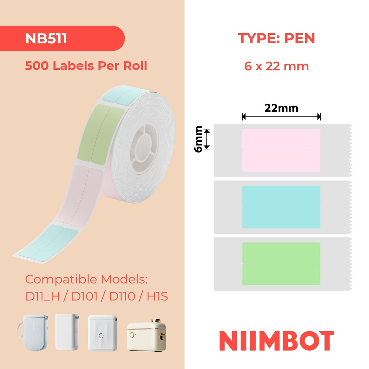 NIIMBOT - D Range - 6x22mm/2L - Multi-Colour Vertical Pen - Stationary - 500 Labels