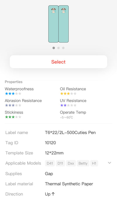 NB512 - NIIMBOT - D11 / D101 / D110 / H1S - 6X22MM/2L - 500 MULTI-COLOUR CUTE PET VERTICAL PEN - STATIONARY LABELS