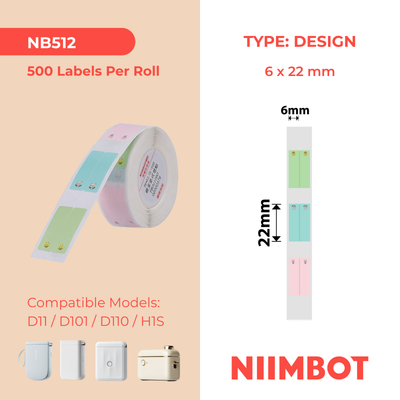 NB512 - NIIMBOT - D11 / D101 / D110 / H1S - 6X22MM/2L - 500 MULTI-COLOUR CUTE PET VERTICAL PEN - STATIONARY LABELS