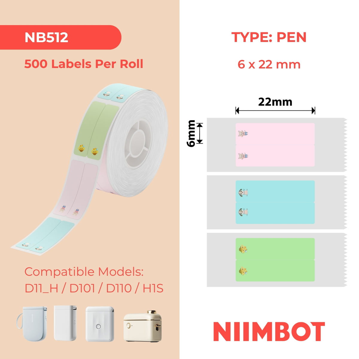 NIIMBOT - D Range - 6x22mm/2L - Multi-Colour Cute PET Vertical Pen - Stationary - 500 Labels
