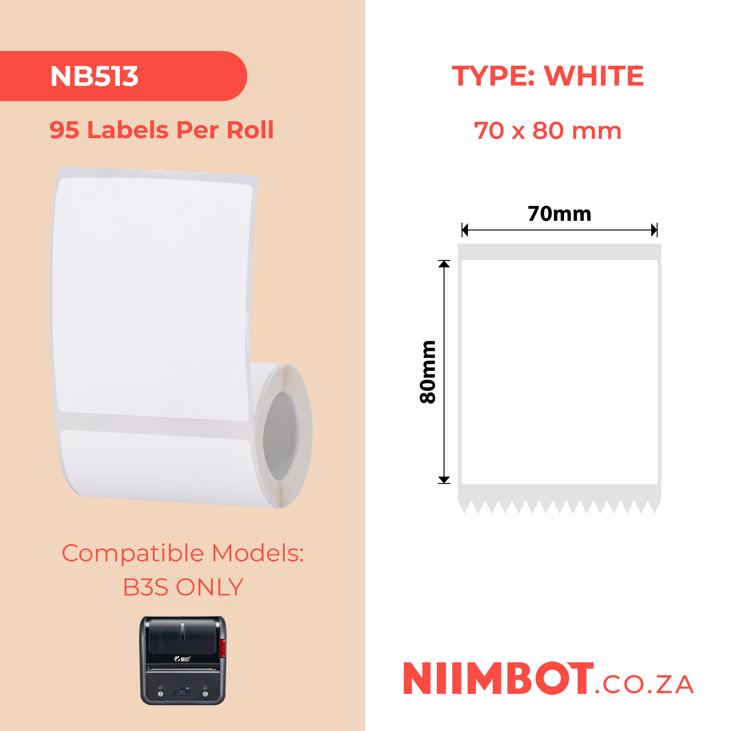 NB513 - NIIMBOT - B3S / B4 ONLY - 70X80MM - 95 WHITE LABELS